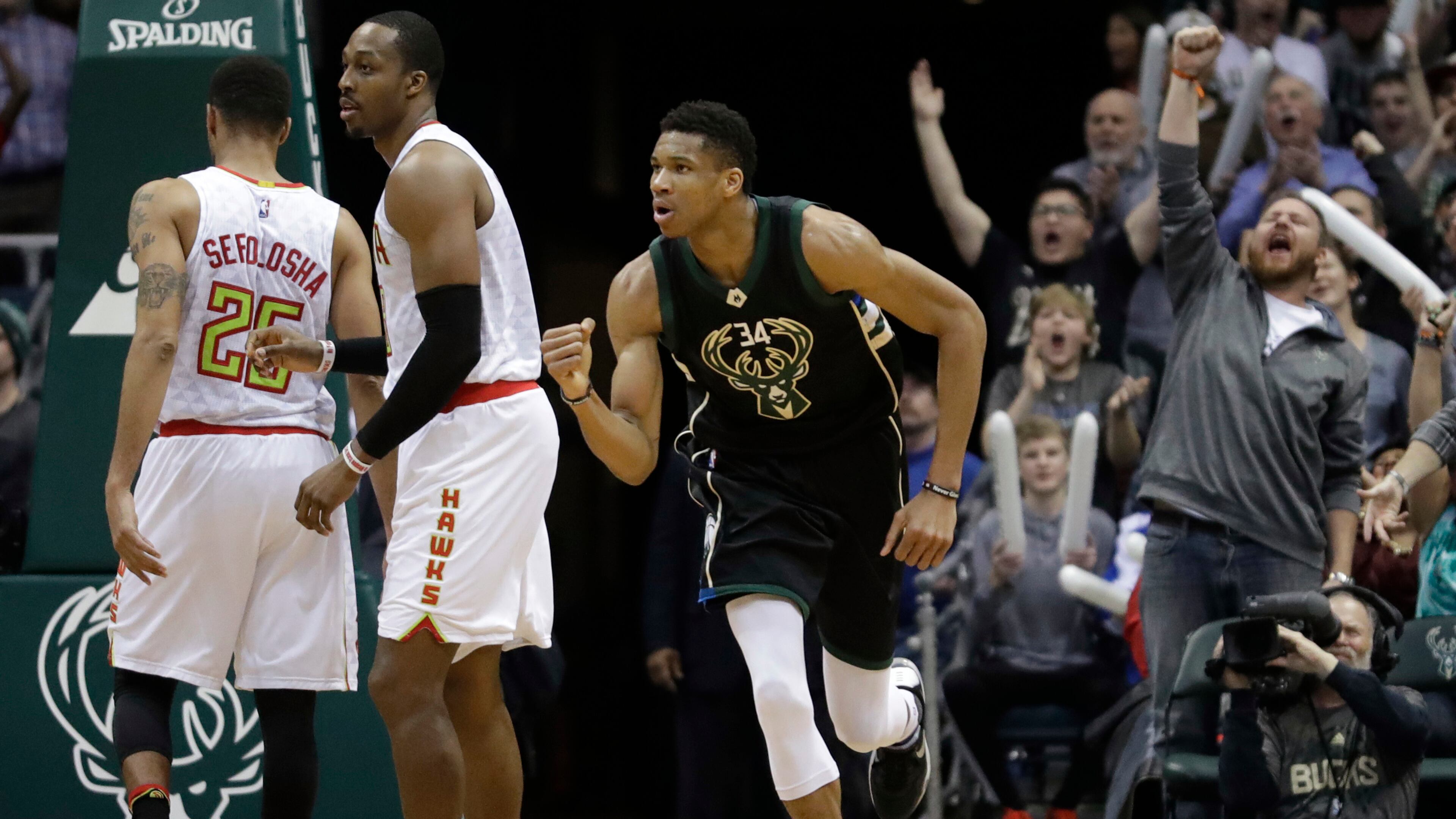 Milwaukee Bucks’ Giannis Antetokounmpo reacts after making a shot in the final minutes of the second half of an NBA basketball game against the Atlanta Hawks Friday, March 24, 2017, in Milwaukee. The Bucks won 100-97. (AP Photo/Morry Gash)