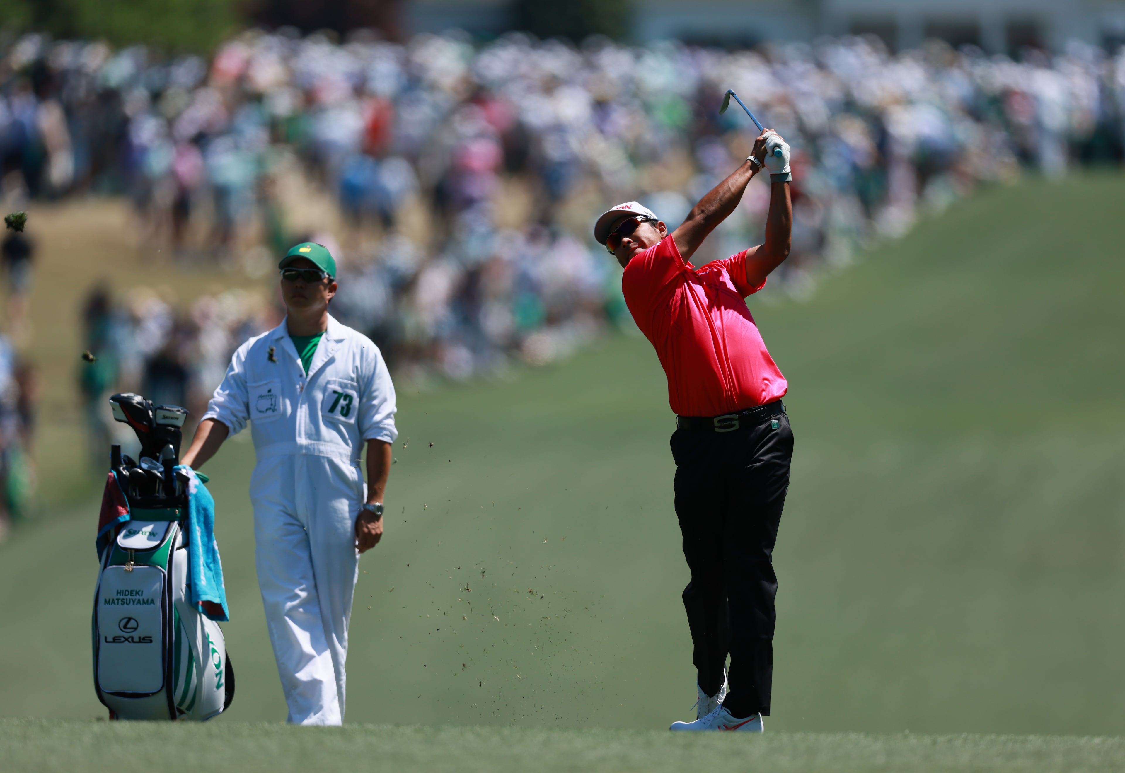 Hideki Matsuyama hits from the first fairway during the second round of the Masters at Augusta National Golf Club on Friday, April 10, 2026 in Augusta, Ga. (Jason Getz/AJC)