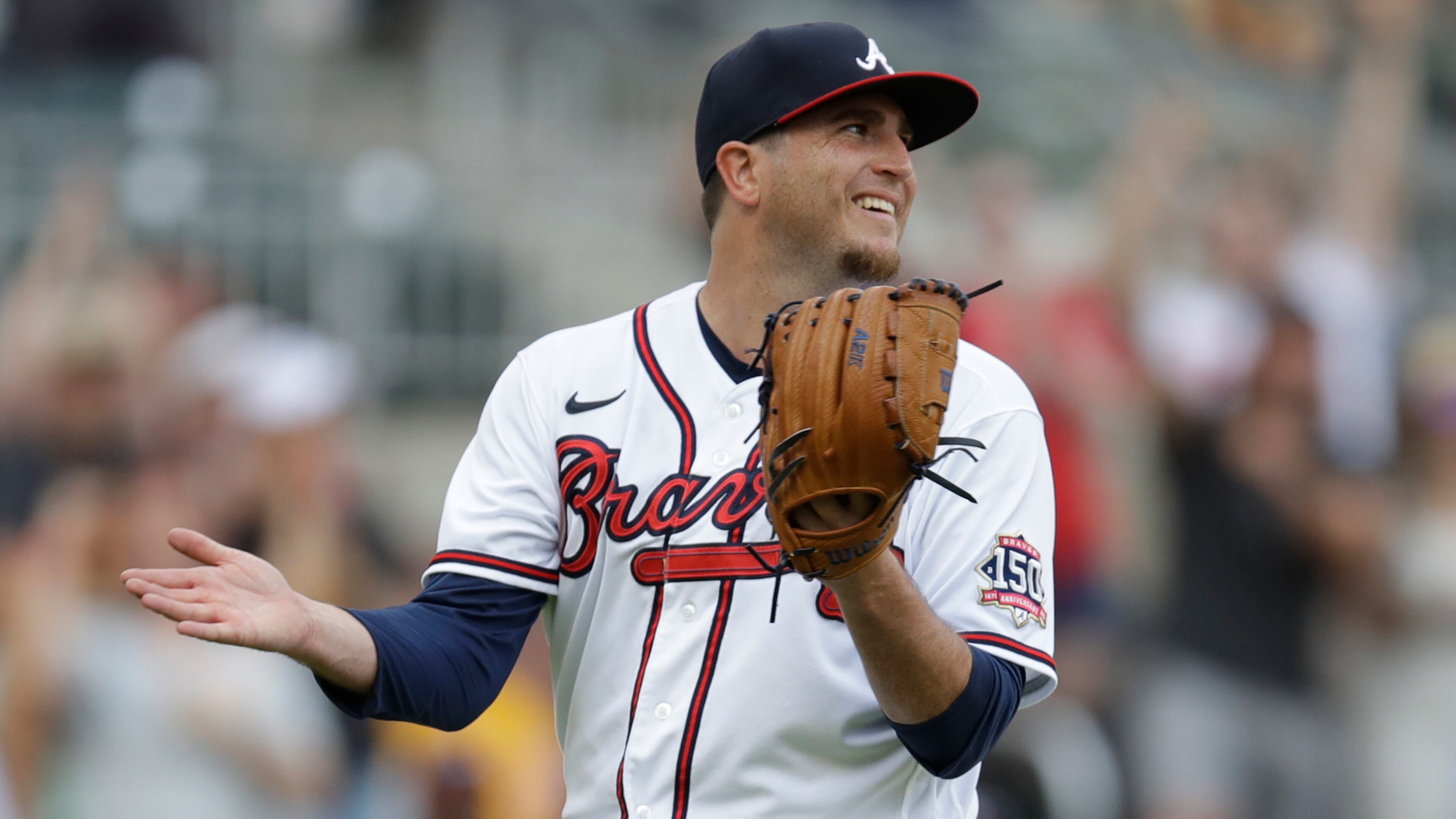 Braves reliever Luke Jackson at the end of game against the Pittsburgh Pirates Saturday, May 22, 2021, in Atlanta. (Ben Margot/AP)