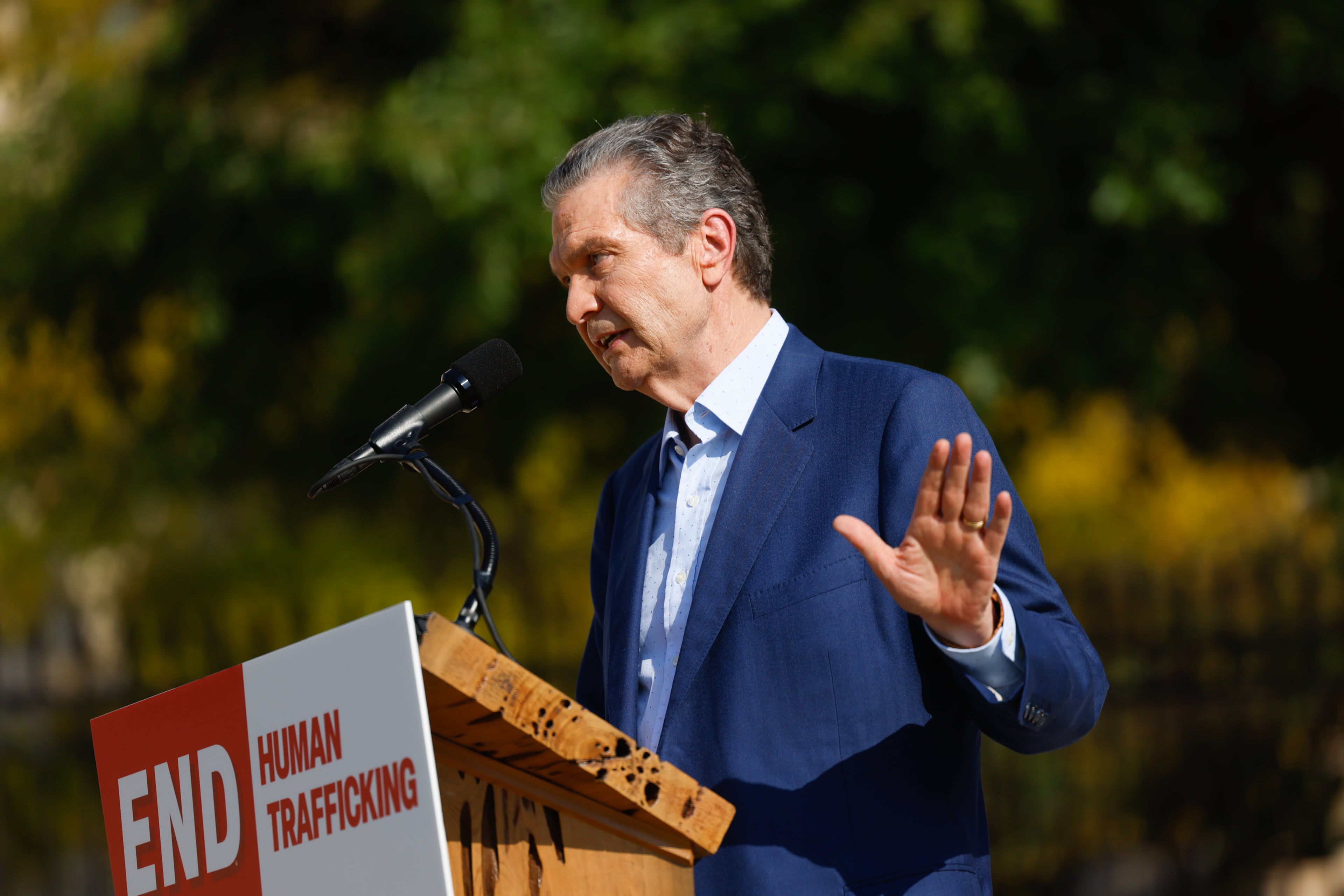 Rick Jackson, the Republican nominee for Governor of Georgia, released his plan to fight human trafficking at a press conference at Liberty Plaza in Atlanta on Sept. 2, 2026. (Arvin Temkar/AJC)