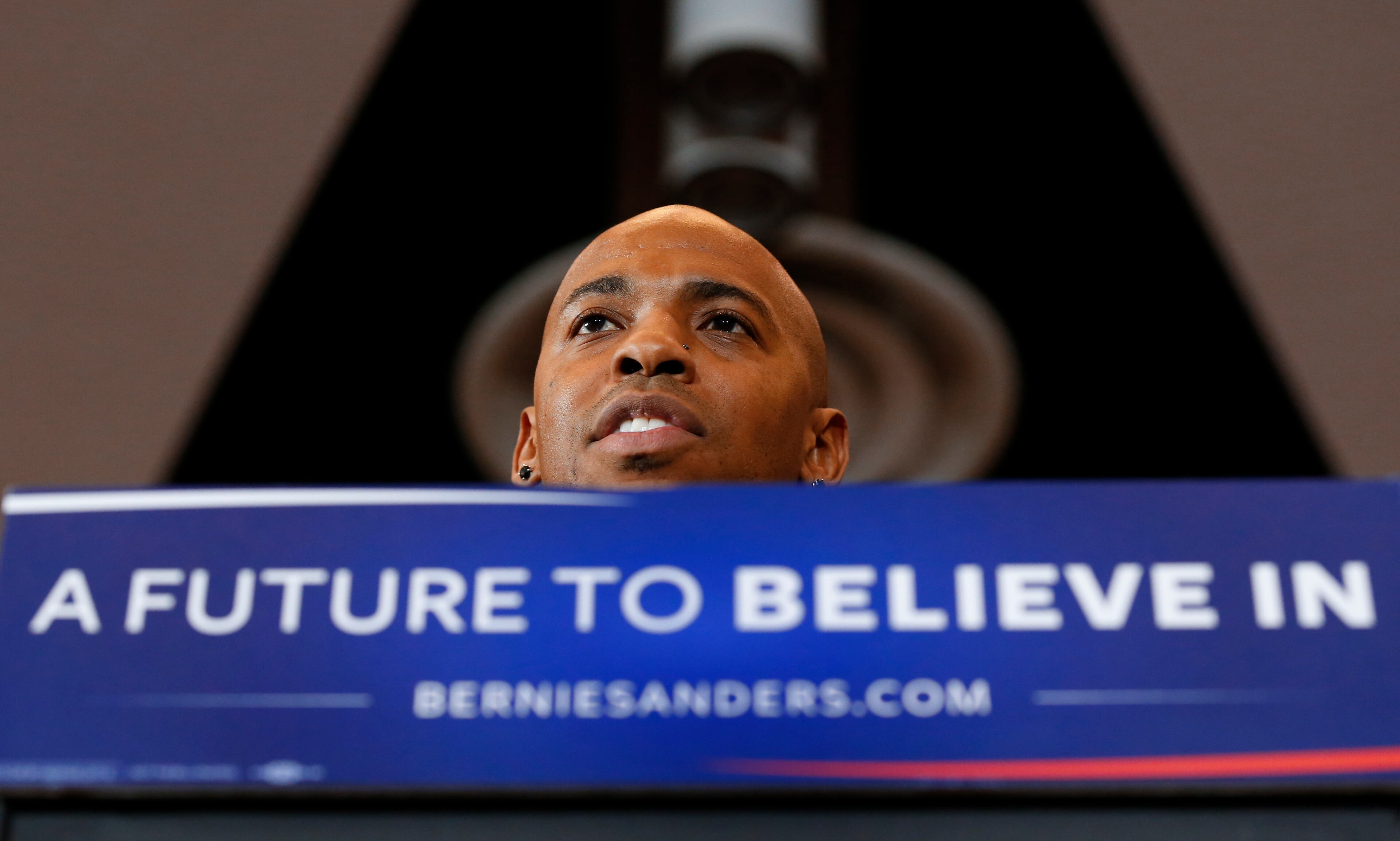 Actor Mehcad Brooks speaks at a Democratic presidential candidate Sen. Bernie Sanders, I-Vt., campaign event, Monday, April 4, 2016, in Milwaukee, Wisc. (AP Photo/Paul Sancya)