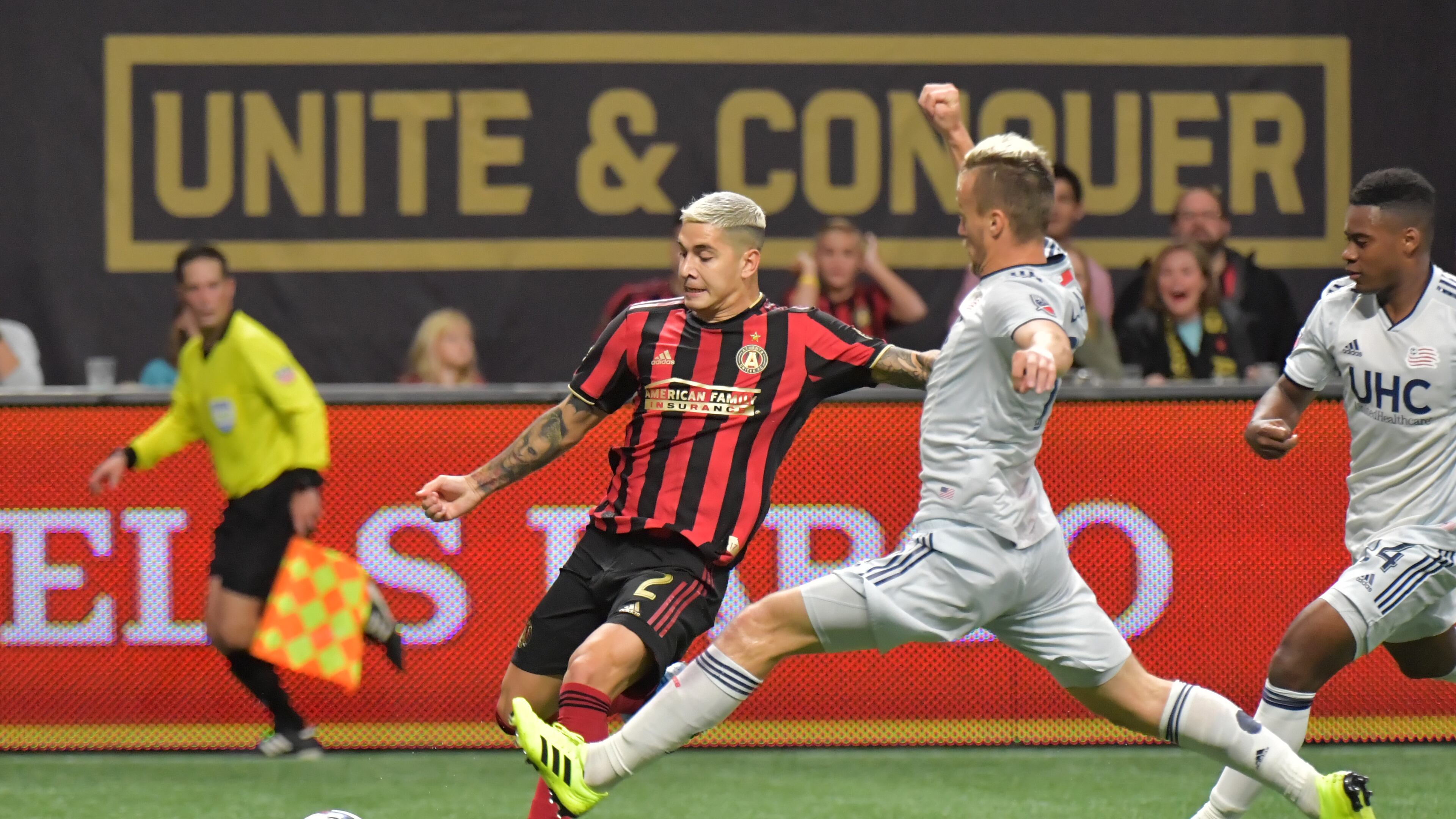 October 19, 2019 Atlanta - Atlanta United defender Franco Escobar (2) scores the game winning goal in the second half during the first round of the MLS playoffs at Mercedes-Benz Stadium on Saturday, October 19, 2019. Atlanta United won 1-0 over the New England Revolution. (Hyosub Shin / Hyosub.Shin@ajc.com)