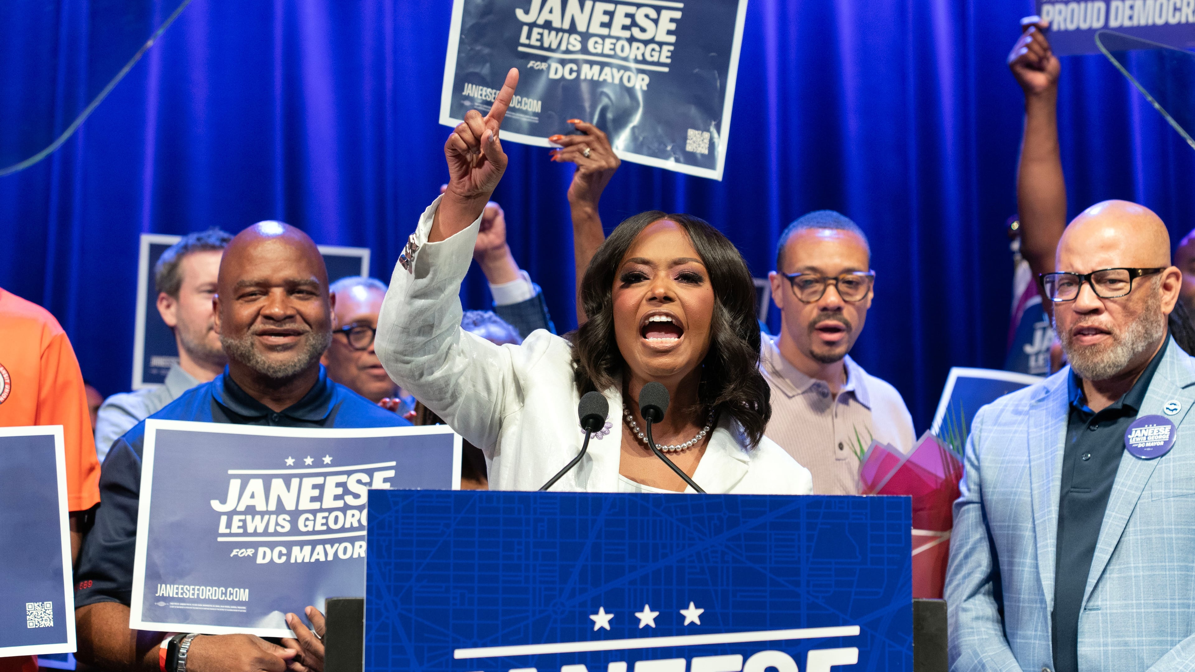 D.C. Council member Janeese Lewis George speaks to the crowd after winning D.C. Mayor primary election during an election night party at the Howard Theatre Tuesday, June 16, 2026, in Washington. (AP Photo/Jose Luis Magana)