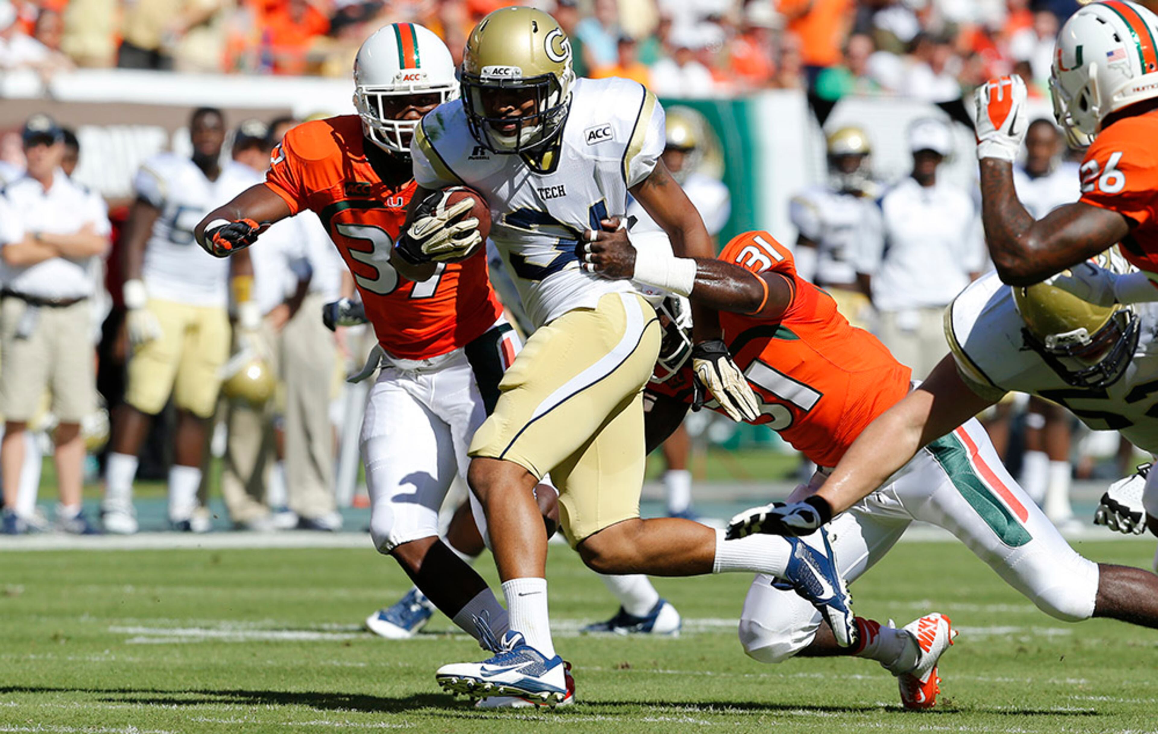 (14) Miami 45, Georgia Tech 30, Oct. 5, 2013 - The Hurricanes outscored Georgia Tech 38-6 over a 37-minute stretch, more than enough to erase an early 17-7 deficit -- even while turning the ball over four times. Tech missed a fourth-quarter extra point that would have tied the game. The 45-30 defeat in Miami was Tech's fifth-straight loss to the Hurricanes.