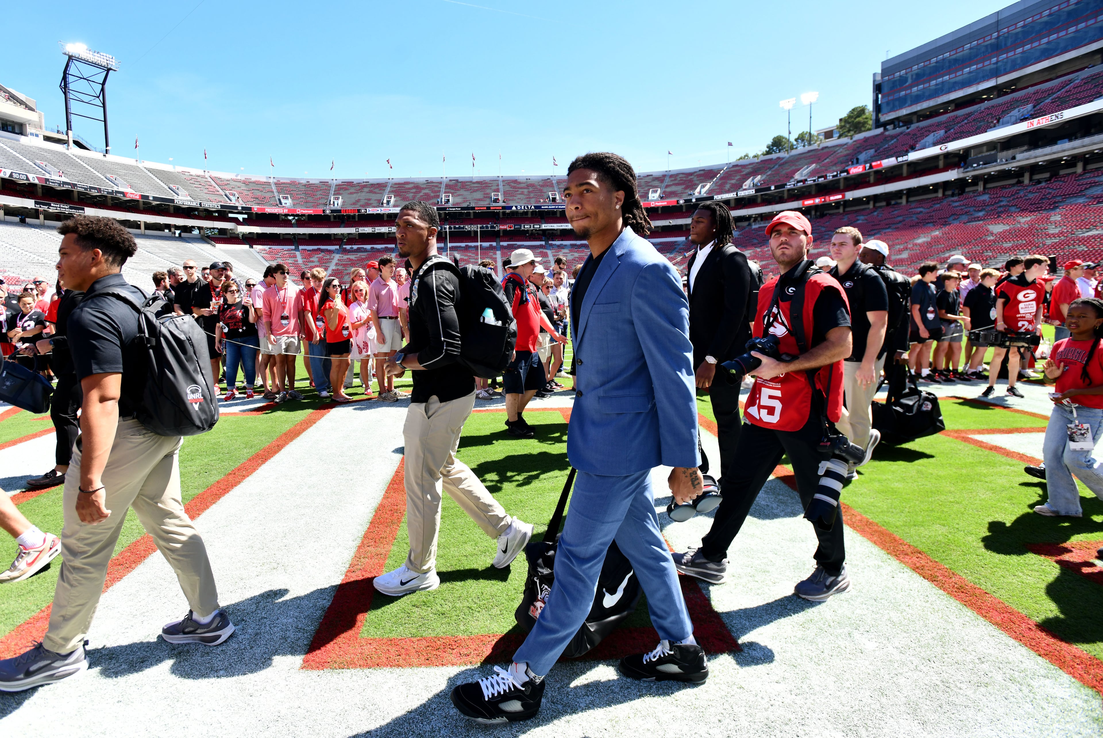 Georgia players and coaching staff arrive for their home game against Oklahoma at Sanford Stadium on Saturday, Sept. 26, 2026, in Athens, Ga. (Hyosub Shin/AJC)