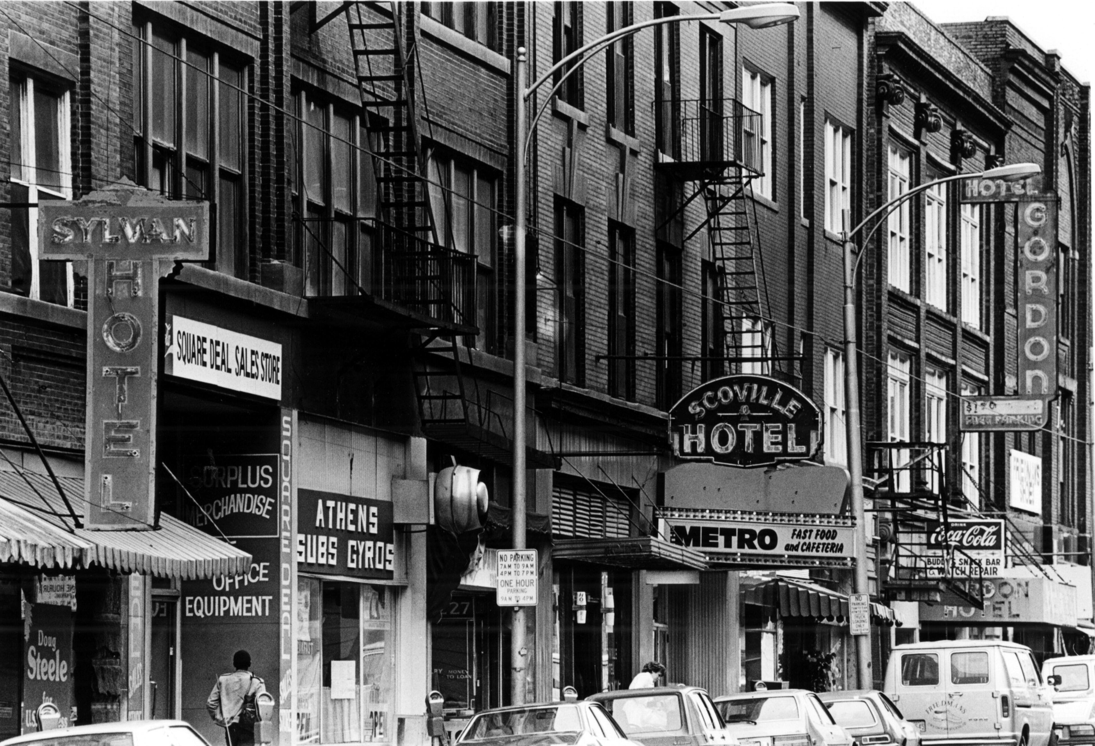 Hotel Row, including the Sylvan Hotel, Scoville Hotel and Hotel Gordon, is seen here in 1982, long past the area's glory days. (AJC file)
