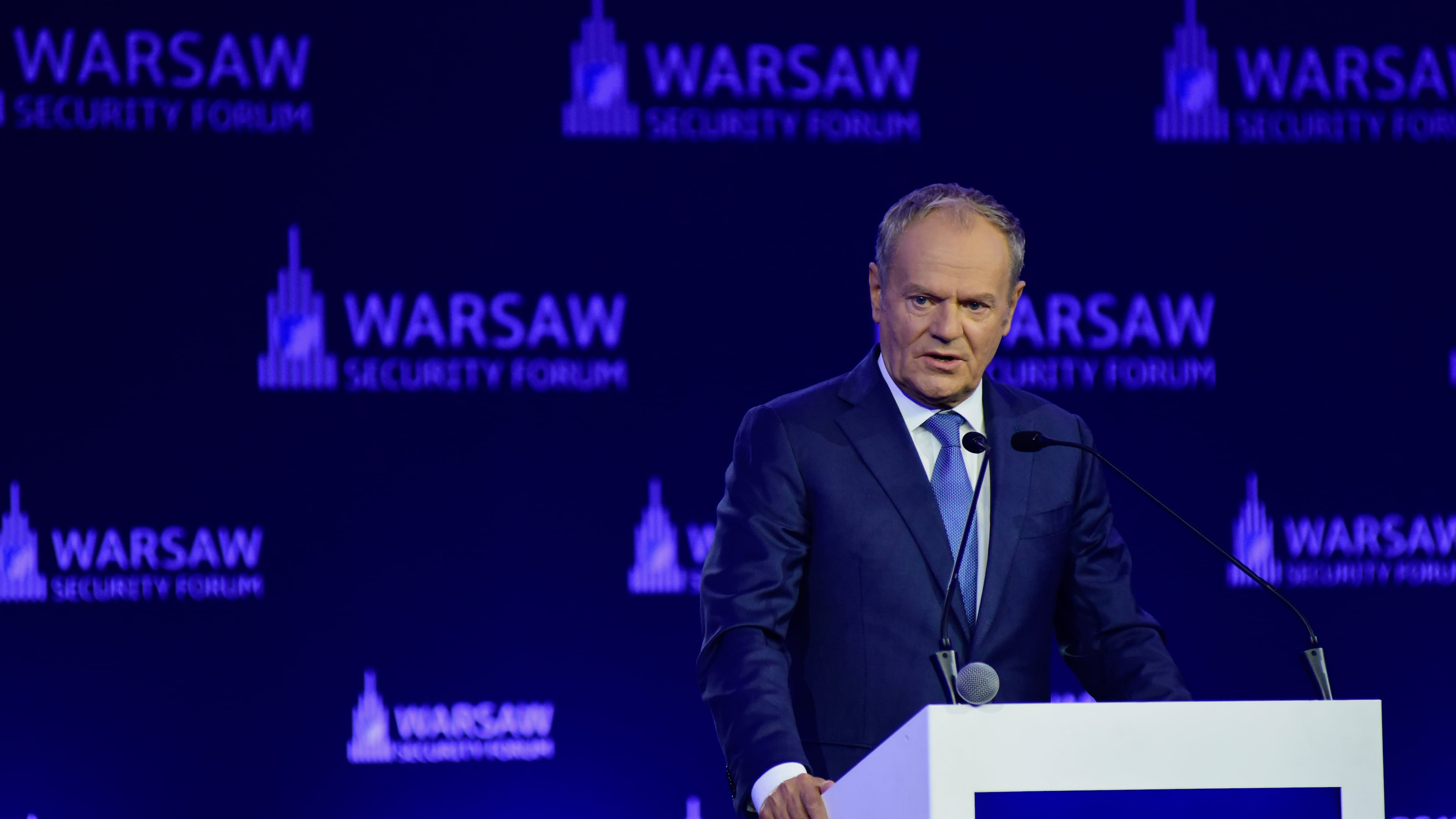 Polish Prime Minister Donald Tusk speaks at the Warsaw Security Forum in Warsaw, Poland, Monday, Oct. 12, 2026. (AP Photo/Attila Husejnow)