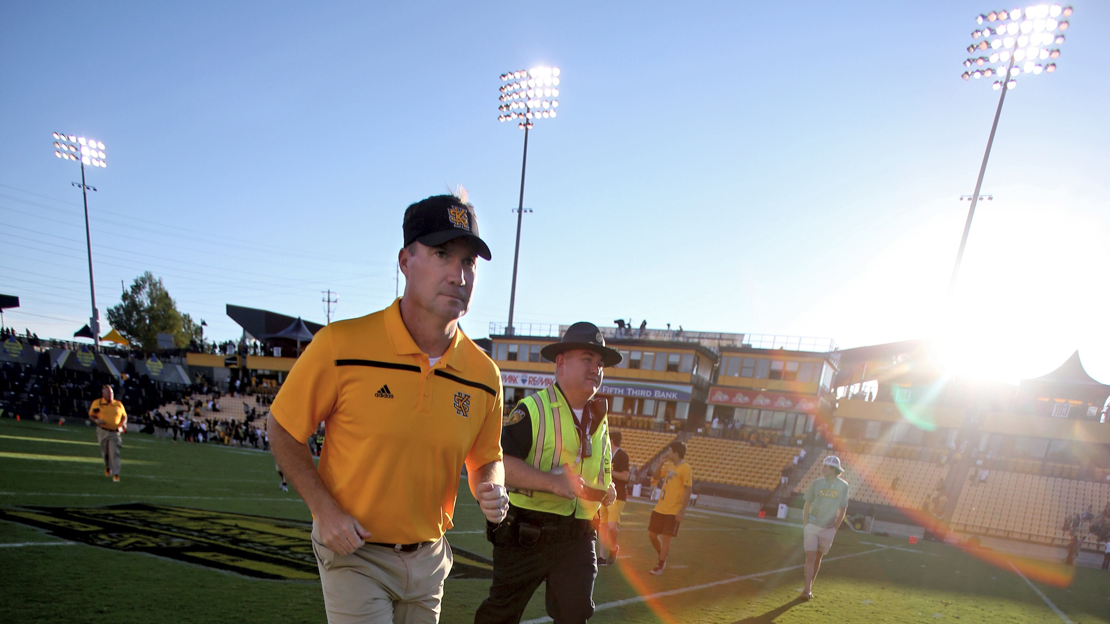 September 12, 2015 - Kennesaw, Ga: Kennesaw State University head coach Brian Bohannon runs off of the field after their game against Edward Waters at Fifth Third Bank Stadium, Saturday, September 12, 2015, in Kennesaw, Ga.. KSU won 58-7. This is the first home game of KSU's inaugural football season. PHOTO / JASON GETZ