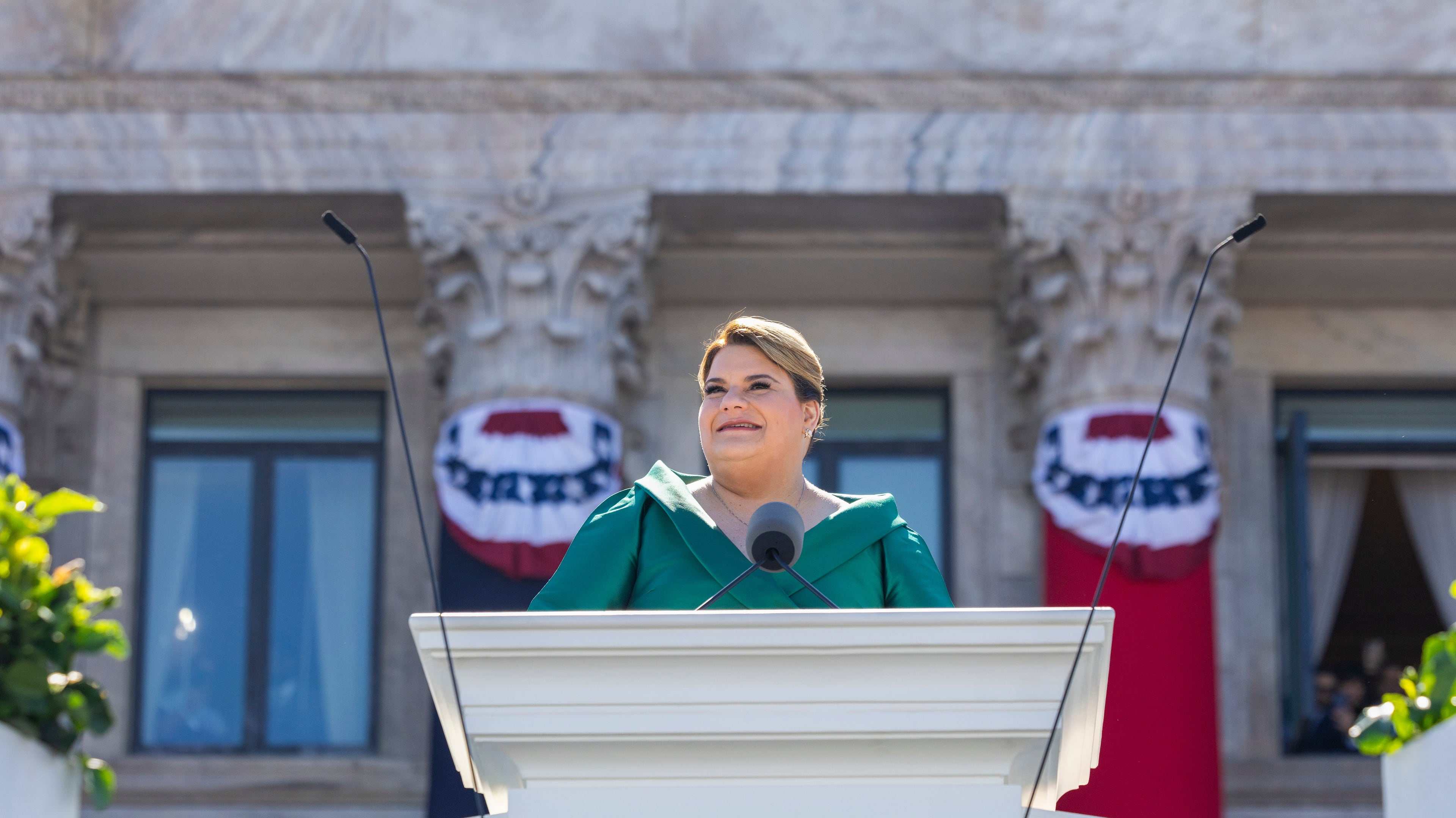 FILE - Jenniffer Gonzalez Colon speaks after she was sworn in as governor outside the Capitol in San Juan, Puerto Rico, Jan. 2, 2025. (AP Photo/Alejandro Granadillo, File)
