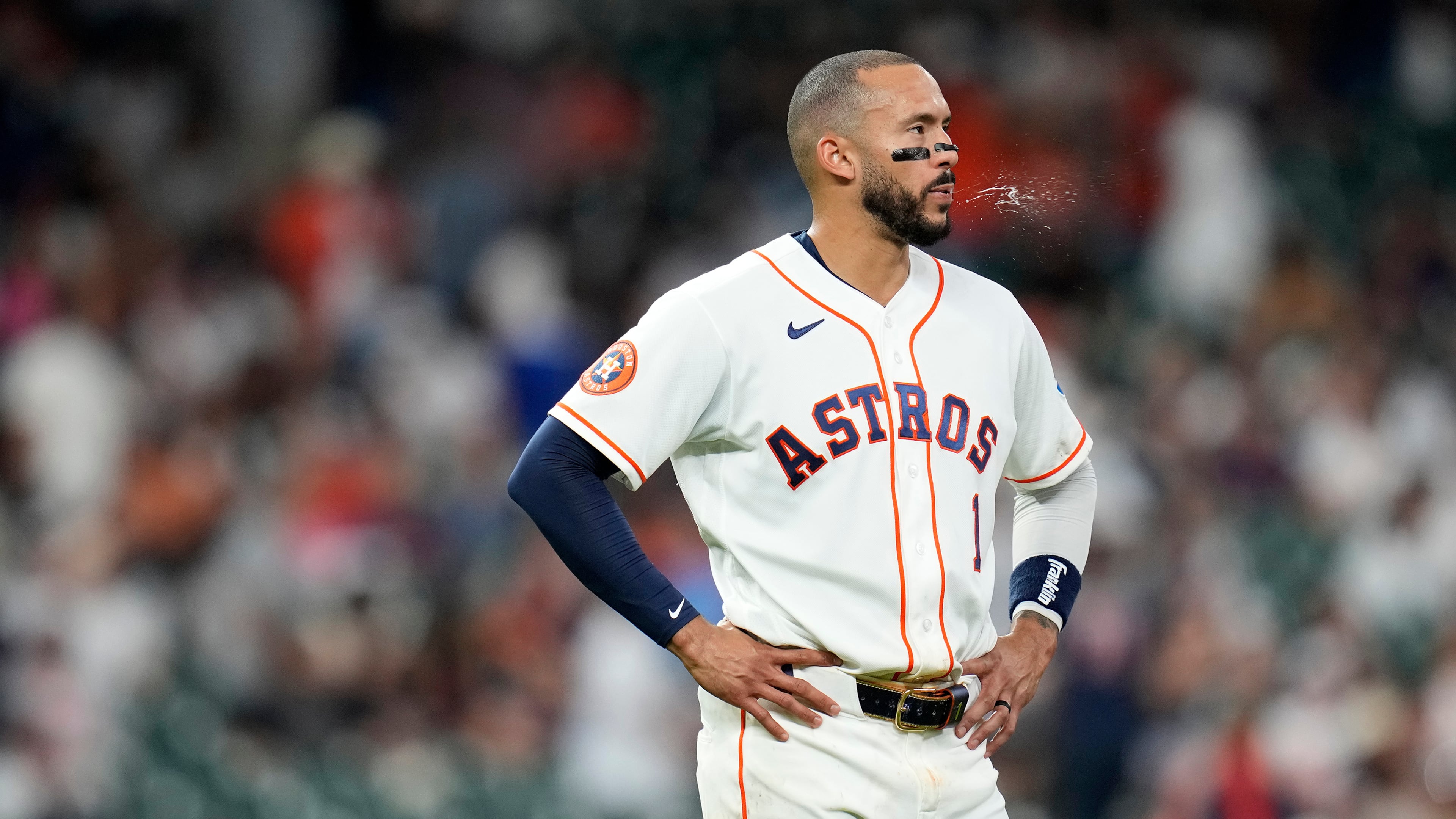 Houston Astros' Carlos Correa (1) reacts after the eighth inning of a baseball game against the New York Yankees, Saturday, April 25, 2026, in Houston. (AP Photo/Karen Warren)