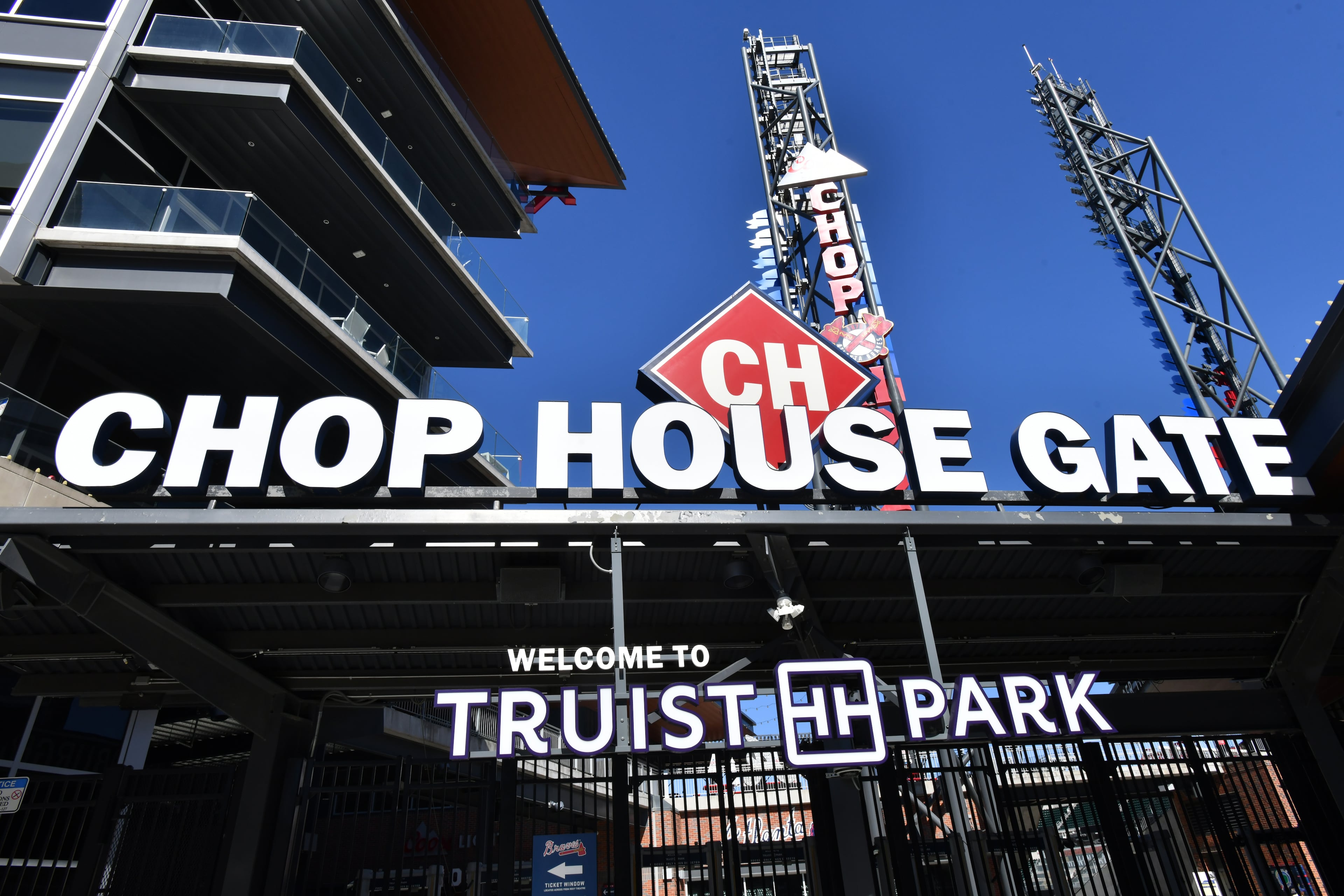 The Chop House gate at Truist Park is locked on Wednesday, March 2, 2022. (Hyosub Shin / Hyosub.Shin@ajc.com)