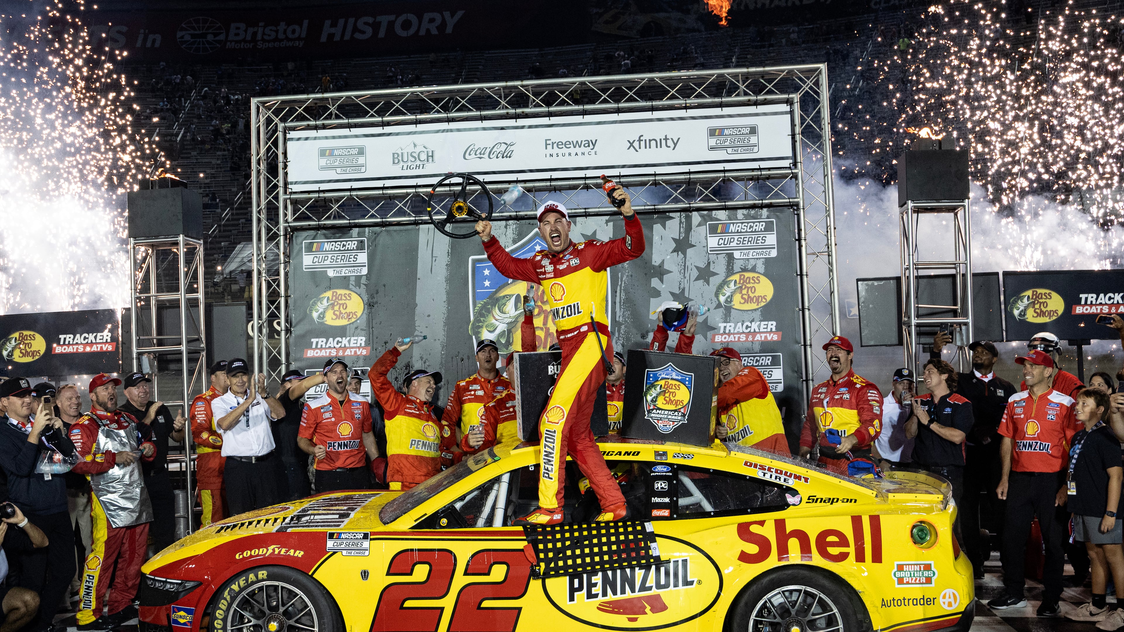 Joey Logano (22) celebrates after winning a NASCAR Cup Series auto race Saturday, Sept. 19, 2026, in Bristol, Tenn. (AP Photo/Wade Payne)