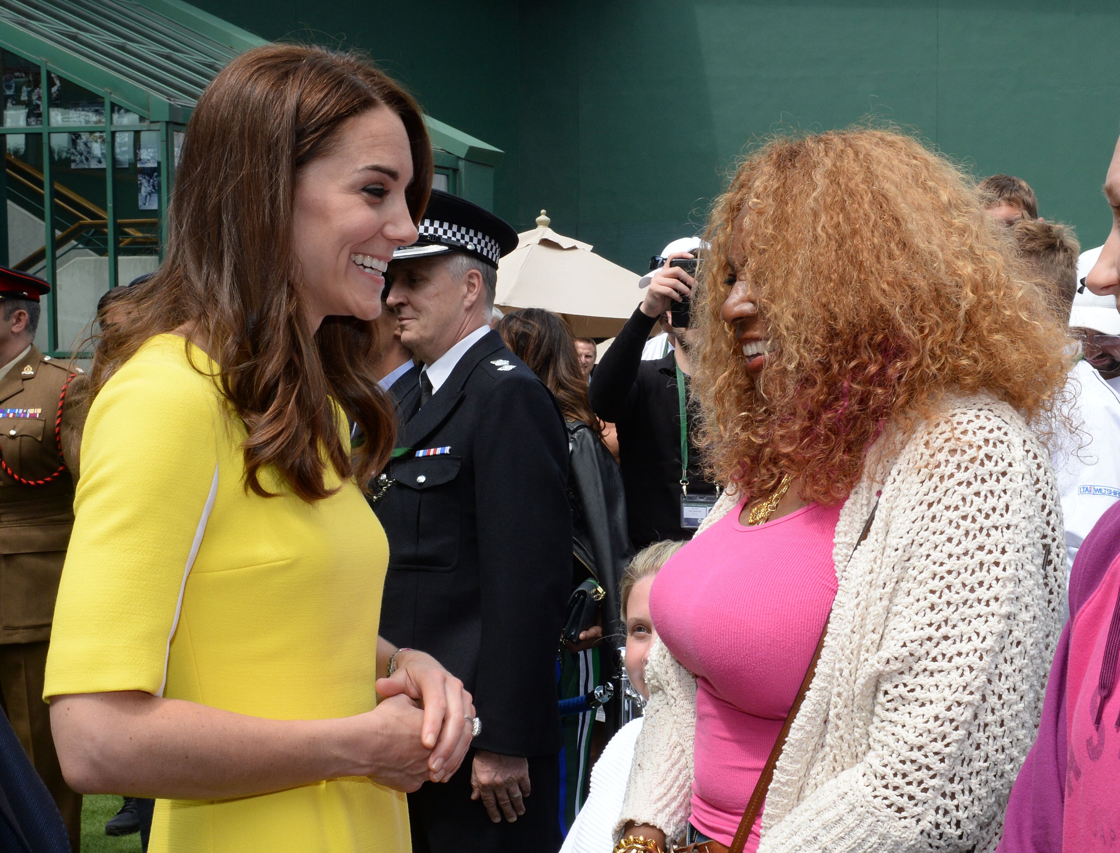 Catherine, Duchess of Cambridge meets Oracene Price, the mother of Venus and Serena Williams, during a visit to the Wimbledon Lawn Tennis Championships at the All England Lawn Tennis and Croquet Club on July 7, 2016 in London, England. (Photo by Anthony Devlin - WPA Pool/Getty Images)