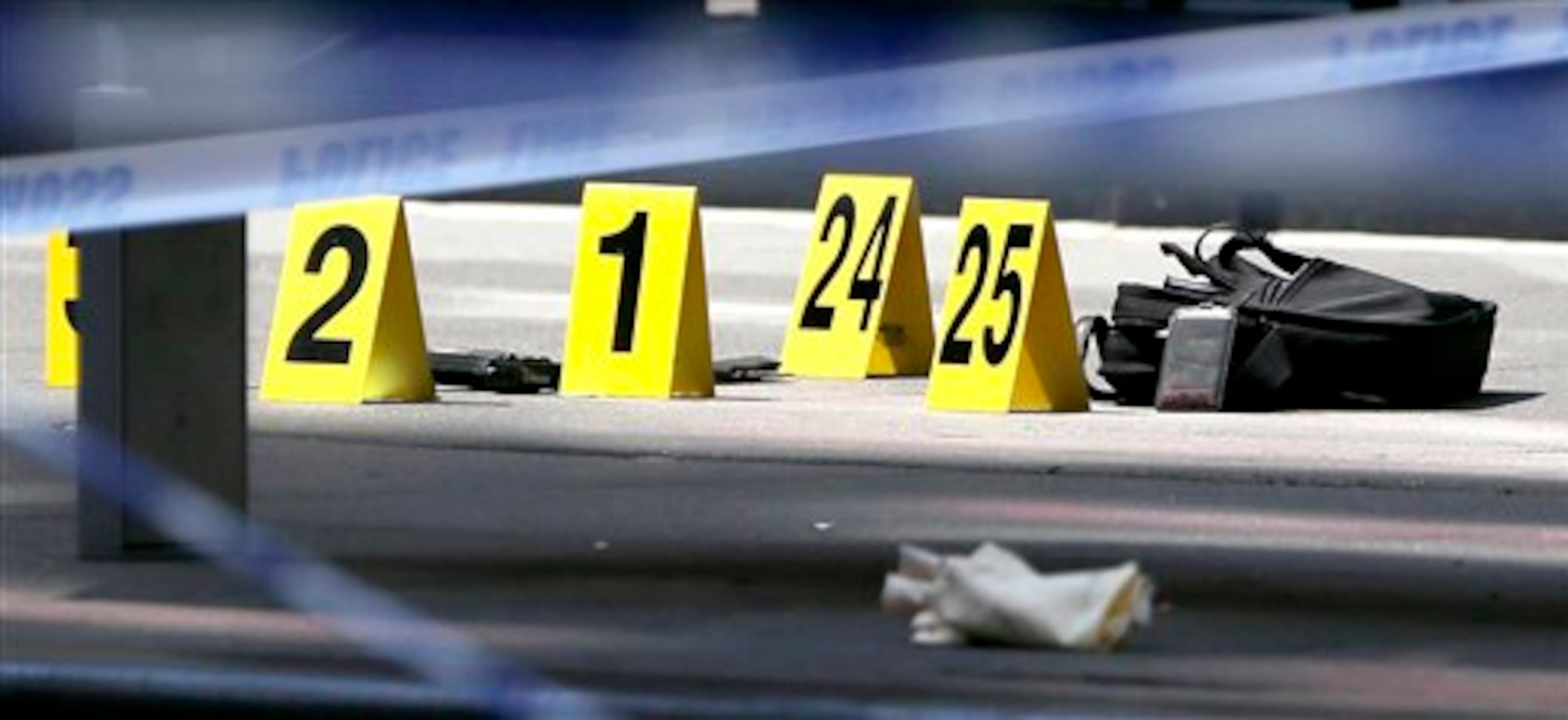 Evidence lies on the street near the Empire State Building in New York following a shooting Friday, Aug. 24, 2012. Police say a recently laid-off worker shot a former colleague to death near the iconic skyscraper, then randomly opened fire on people nearby before firing on police. New York City Mayor Michael Bloomberg said some of the victims may have been hit by police bullets as police and the gunman exchanged fire. (AP Photo/Julio Cortez)