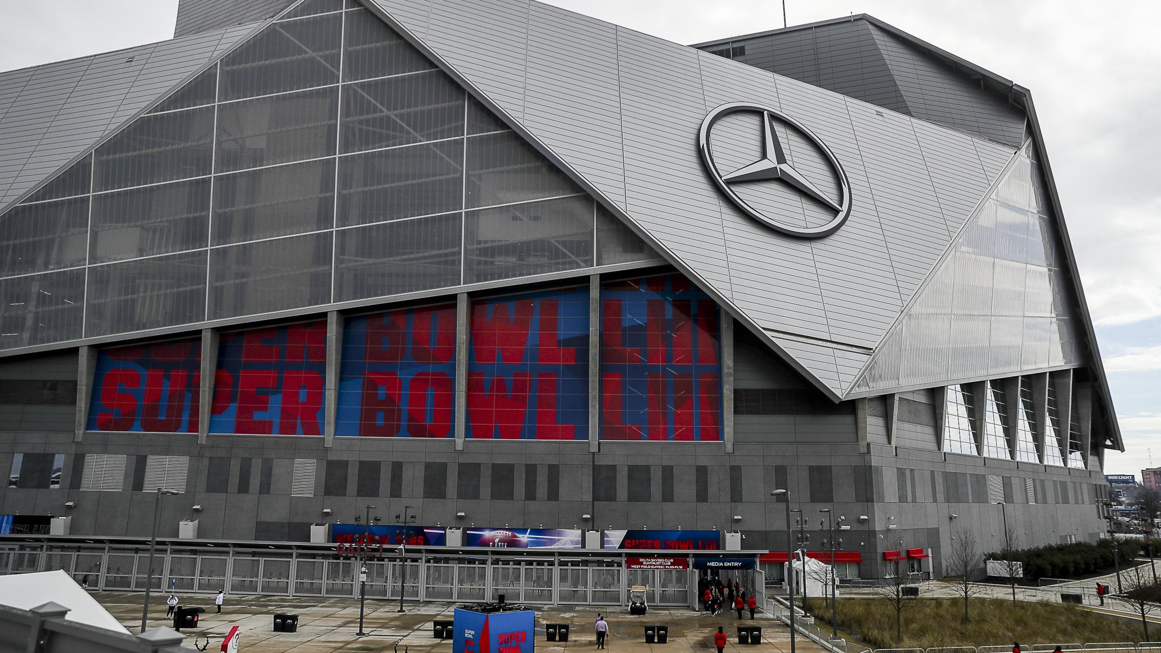 A look outside Mercedes-Benz Stadium hours before Super Bowl 53 on Feb. 3, 2019. The Super Bowl will return to Atlanta in 2028. (AJC File)