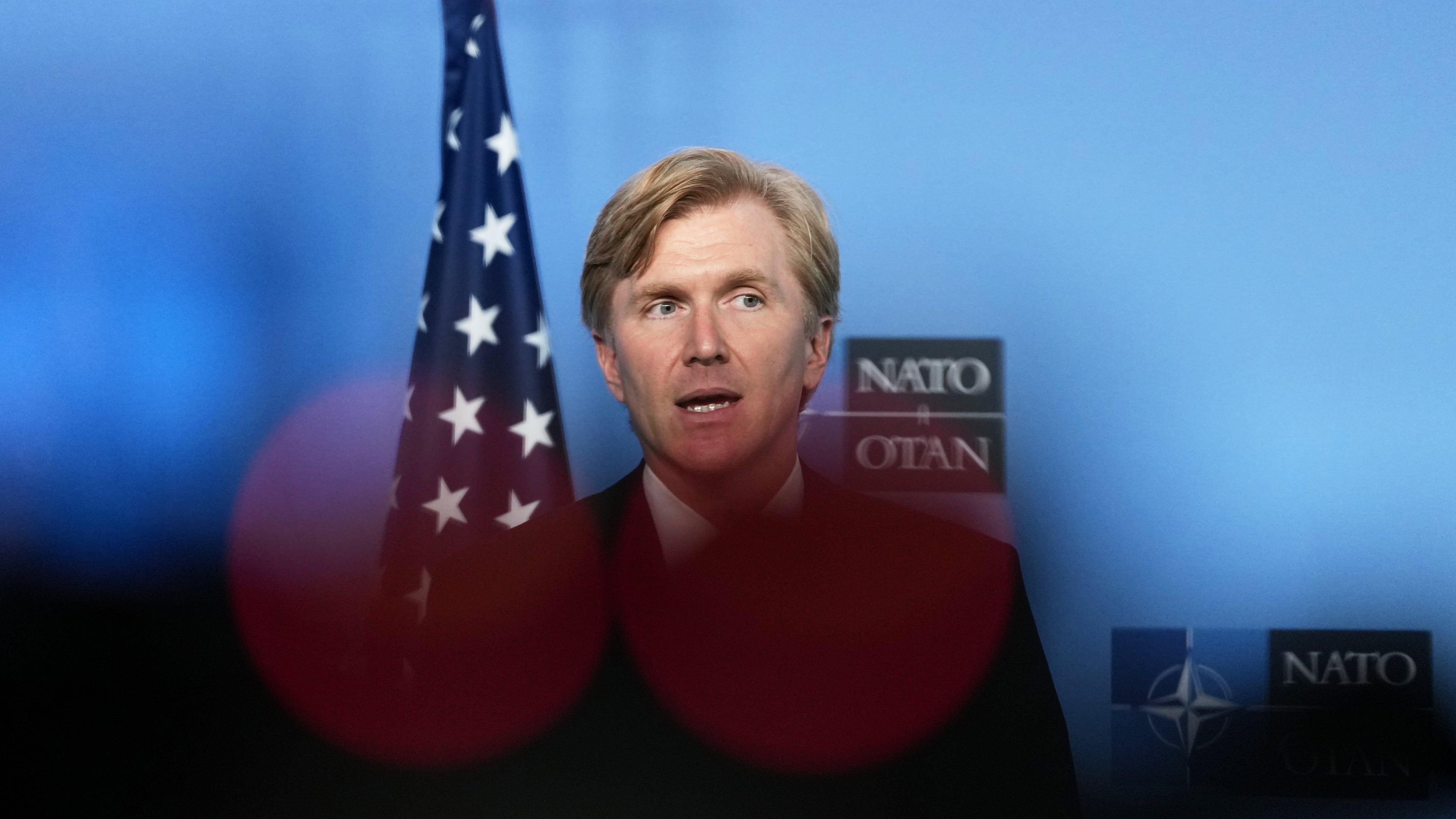 United States Undersecretary of Defense Elbridge Colby addresses the media at NATO headquarters in Brussels, Thursday, Aug. 27, 2026. (AP Photo/Virginia Mayo)
