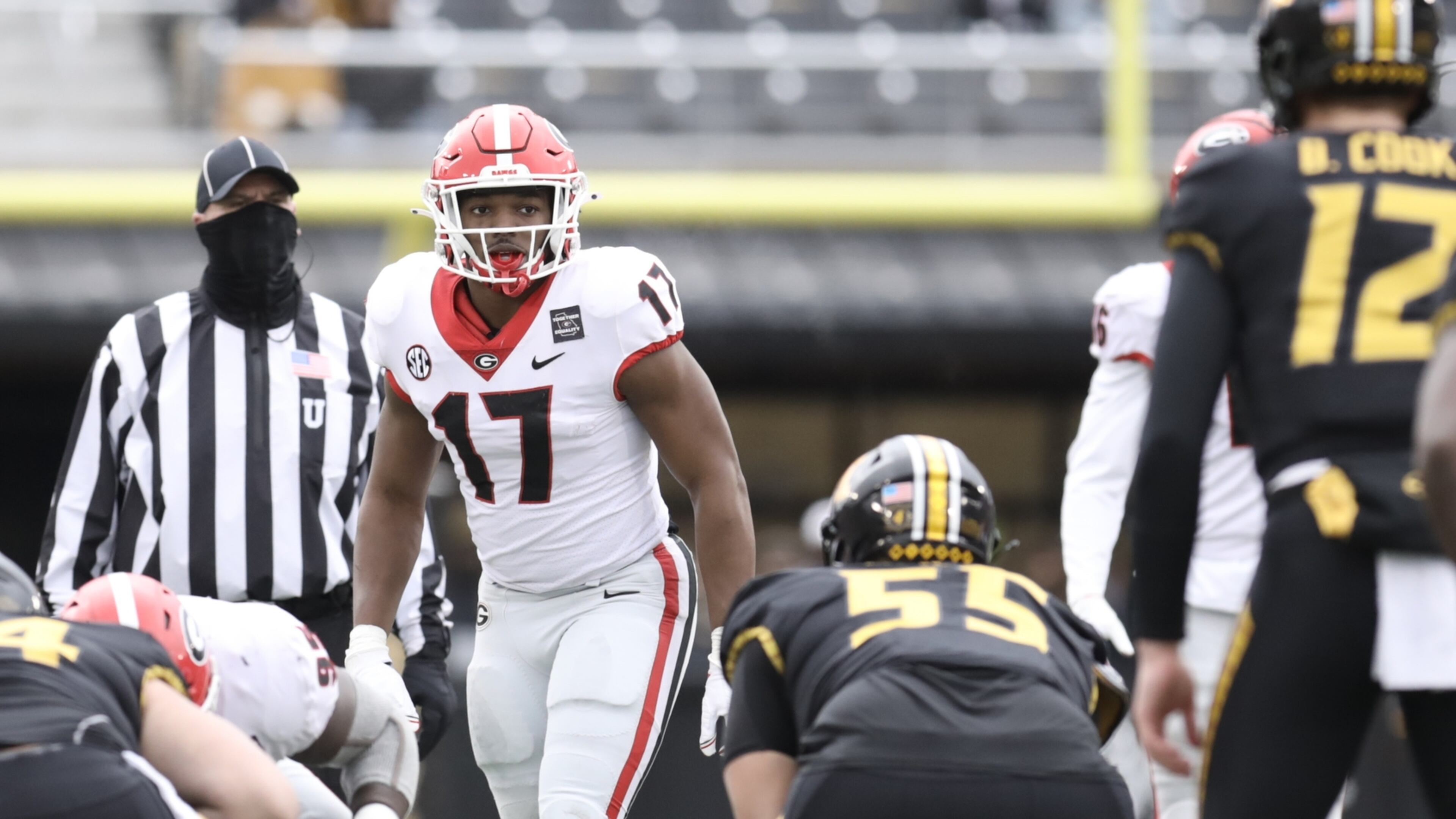 The eyes of Missouri's offensive players were all on Georgia's Nakobe Dean (17) pre-snap as the Bulldogs throttled the Tigers 49-14 Dec. 12, 2020, in Columbia, Mo. (Cassie Florido/UGA Athletics)
