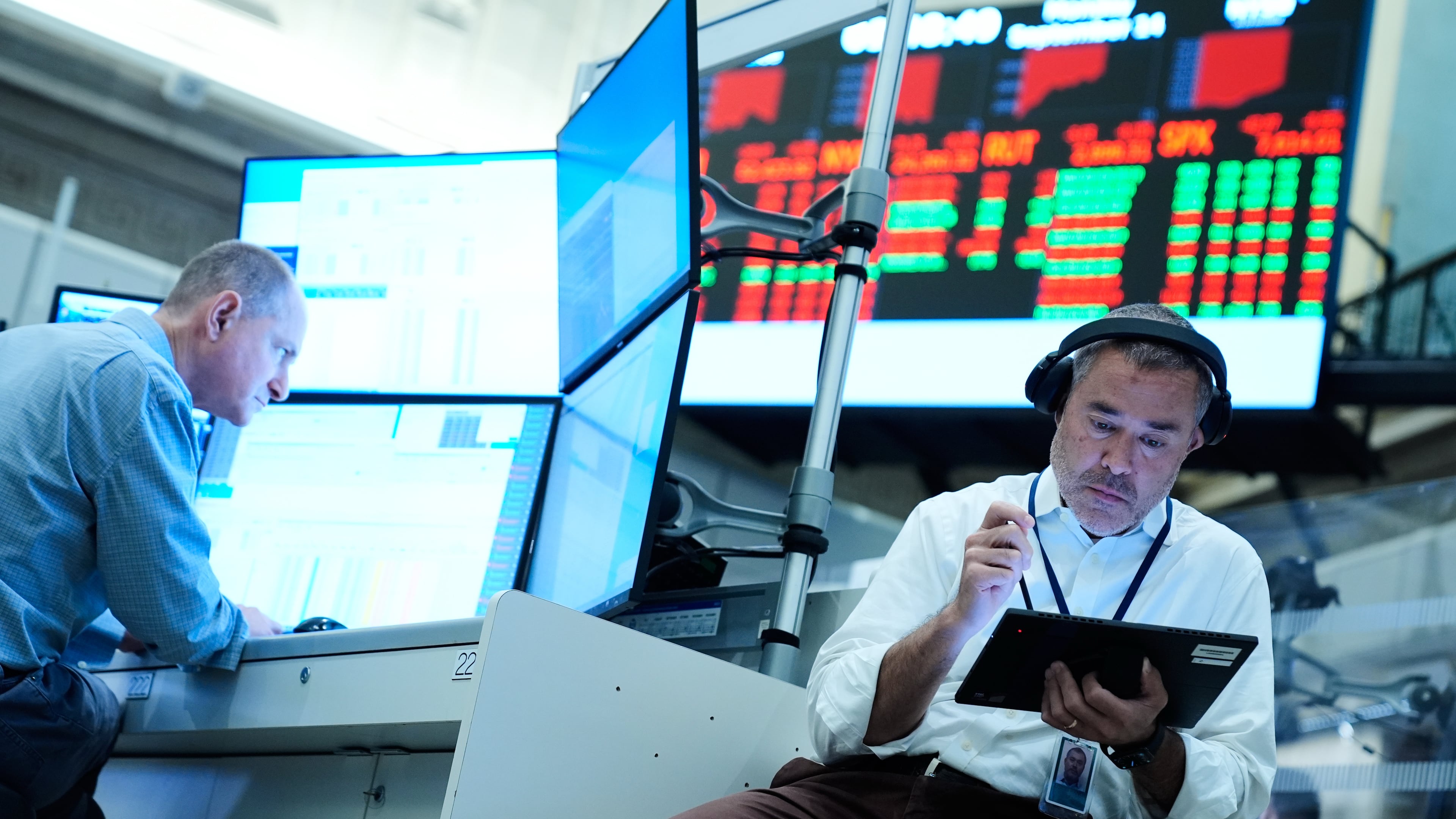 Justin Kanda works on the floor at the New York Stock Exchange in New York, Monday, Sept. 14, 2026. (AP Photo/Seth Wenig)