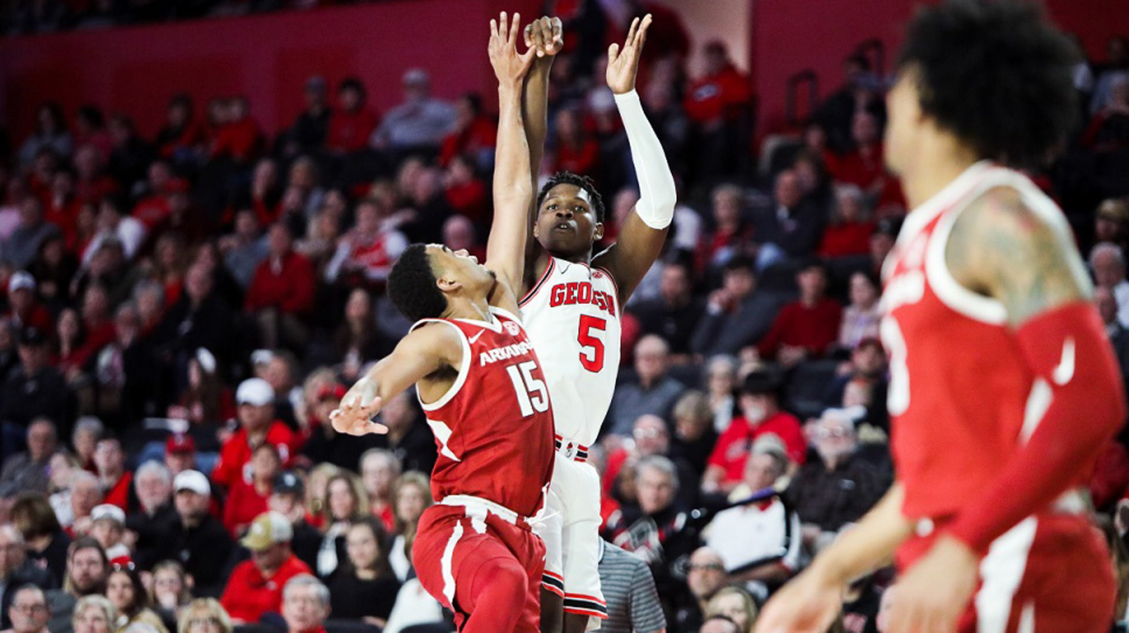 Georgia basketball player Anthony Edwards (5) shoots against Arkansas at Stegeman Coliseum in Athens, Ga., on Saturday, Feb. 29, 2020. (Photo by Chamberlain Smith/UGA Athletics)