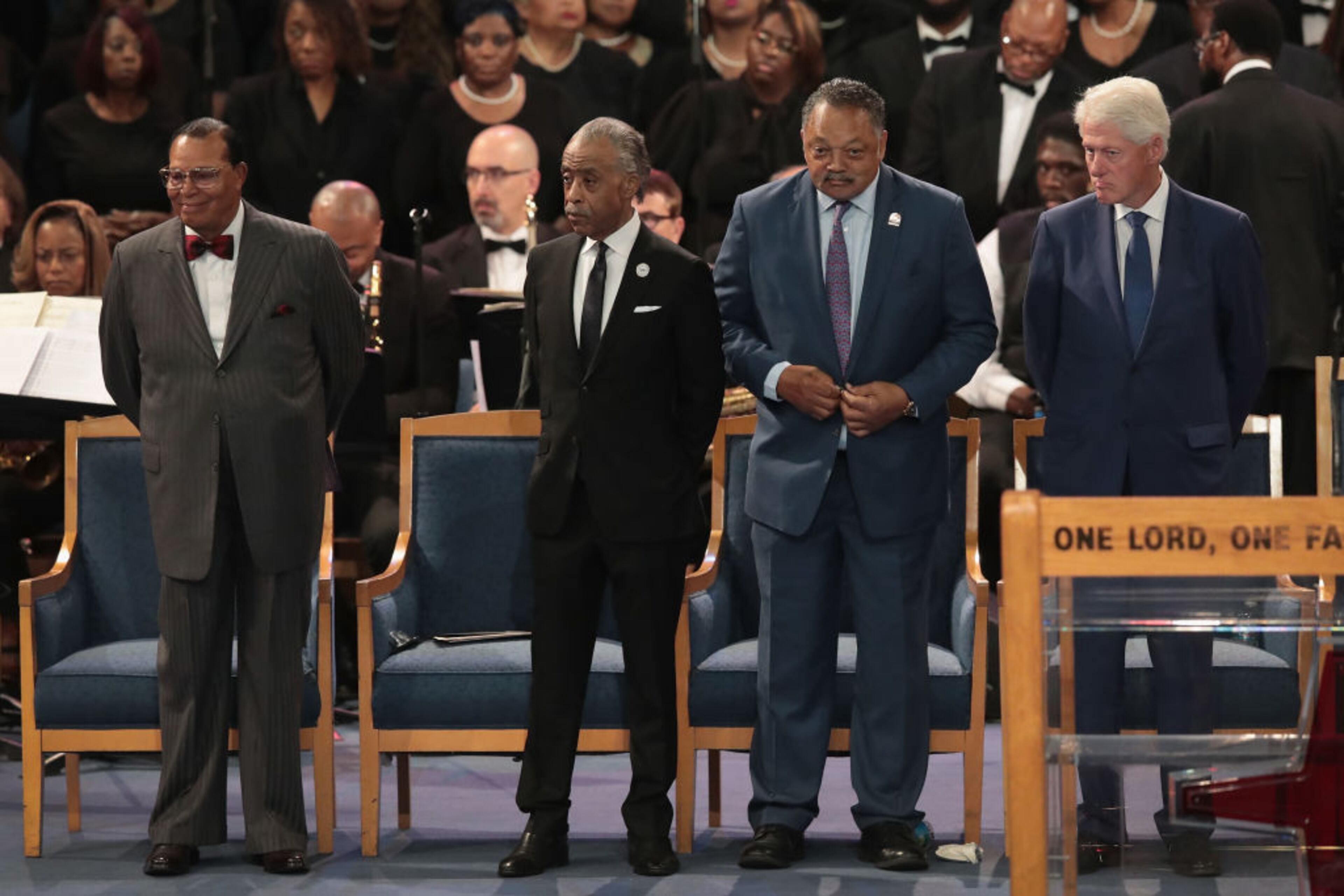 DETROIT, MI - AUGUST 31: Former President Bill Clinton (R) and religious leaders (L to R) Louis Farrakhan, Al Sharpton and Jesse Jackson attend the funeral for Aretha Franklin at the Greater Grace Temple on August 31, 2018 in Detroit, Michigan. Franklin died at 76 at her home in Detroit on August 16. (Photo by Scott Olson/Getty Images)