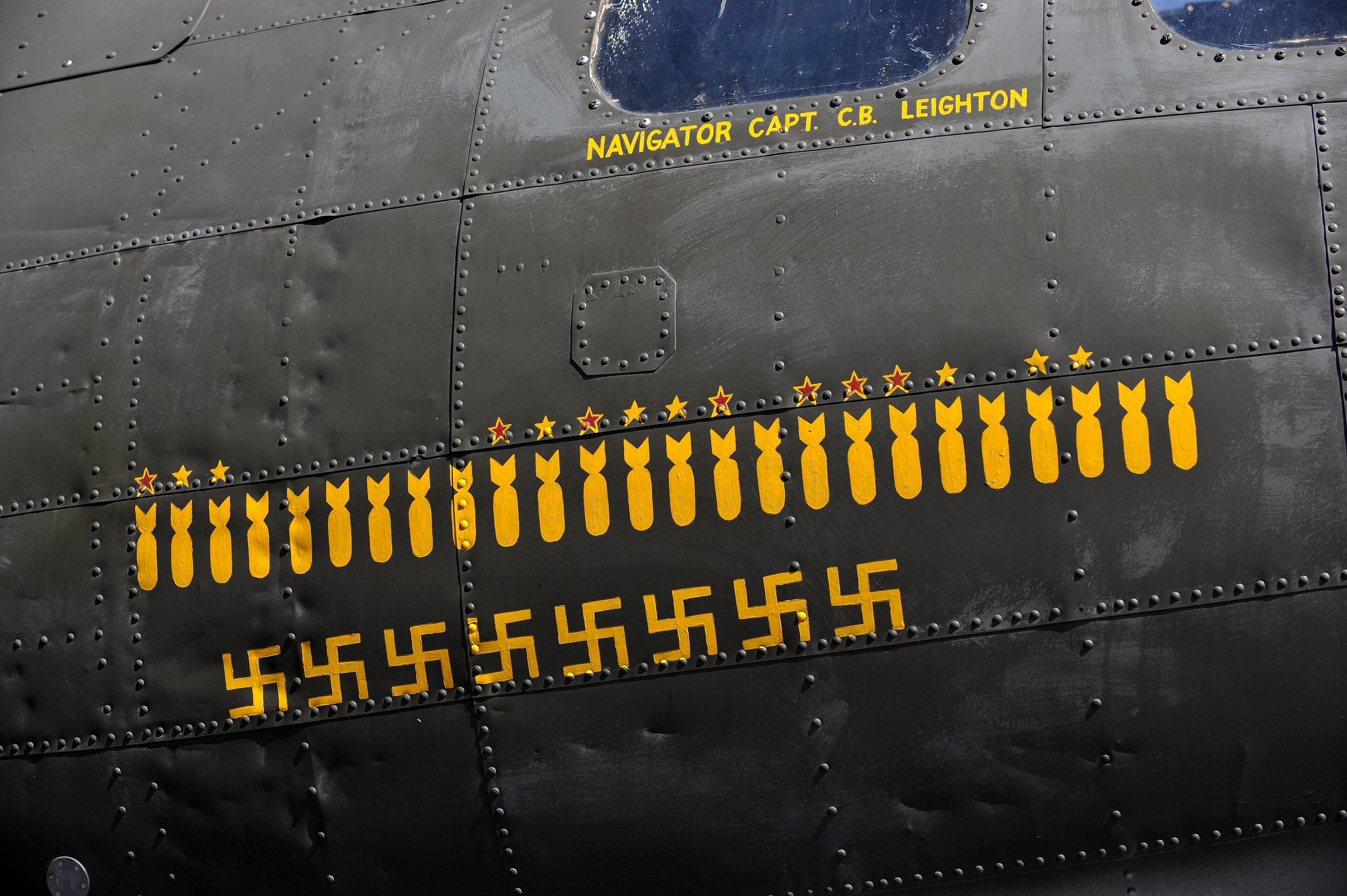 Bomb missions are marked on a restored WWII-era B-17 Flying Fortress nicknamed the "Movie Memphis Belle," at DeKalb-Peachtree Airport on Monday, Feb. 24, 2014, in Atlanta. The Liberty Foundation, based in Douglas, Ga., will open its 2014 flying season with flying tours in the Atlanta area this weekend before making stops in Shreveport, La., San Antonio, Texas, and and elsewhere across the country. (AP Photo/David Tulis)