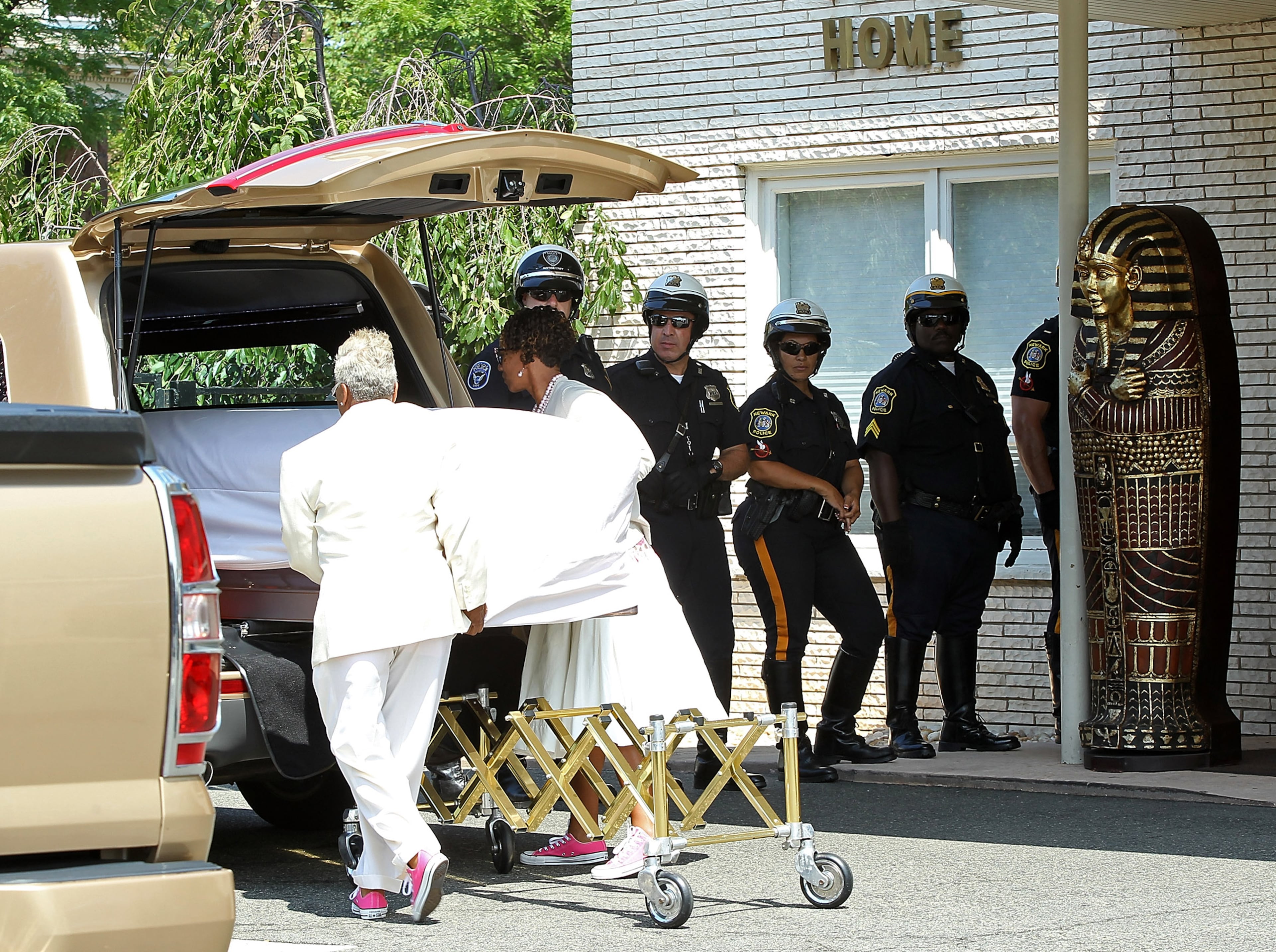 NEWARK, NJ - AUGUST 03: The body of Bobbi Kristina Brown leaves Whigham Funeral Home following a funeral service on August 3, 2015 in Newark, New Jersey. Bobbi Kristina Brown, daughter of Whitney Houston and Bobby Brown, was reportedly found unconscious in her bathtub on January 31, 2015 and passed away on July 26, 2015 at the age of 22 after an extended hospital stay. (Photo by Bennett Raglin/Getty Images)