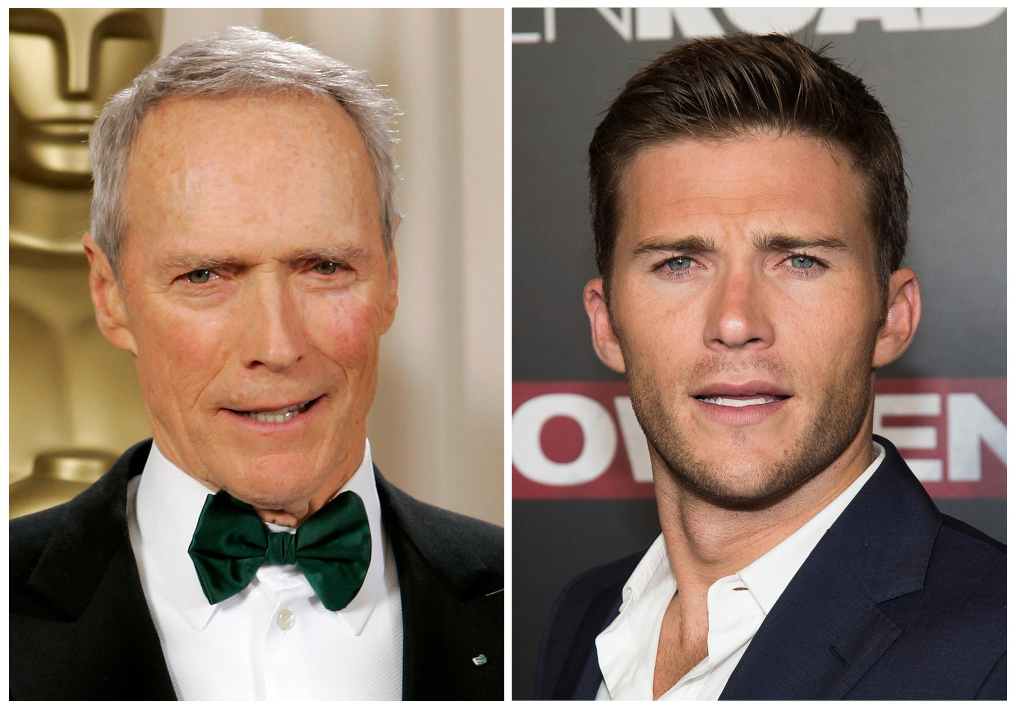 Actor-director Clint Eastwood appears at the 77th Academy Awards in Los Angeles on Feb. 27, 2005, left, and his son Scott Eastwood attends the premiere of "Snowden" at AMC Loews Lincoln Square on Tuesday, Sept. 13, 2016, in New York. (AP Photo/Reed Saxon, left, and Charles Sykes/Invision/AP)