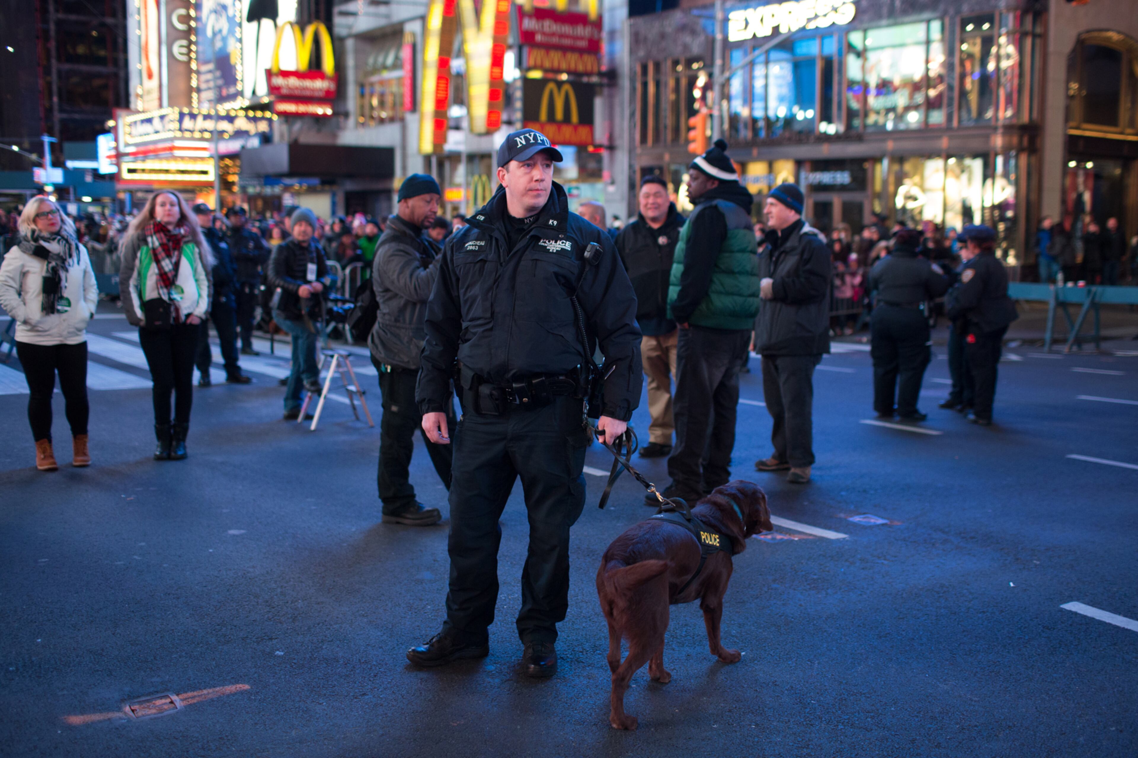 An NYPD officer stands with a bomb-sniffing dog during the hours leading up to the annual New Year's Eve celebration in Times Square Thursday, Dec. 31, 2015, in New York. Nearly 6,000 armed police officers are guarding Times Square as the year 2015 draws to a close. (AP Photo/Kevin Hagen)