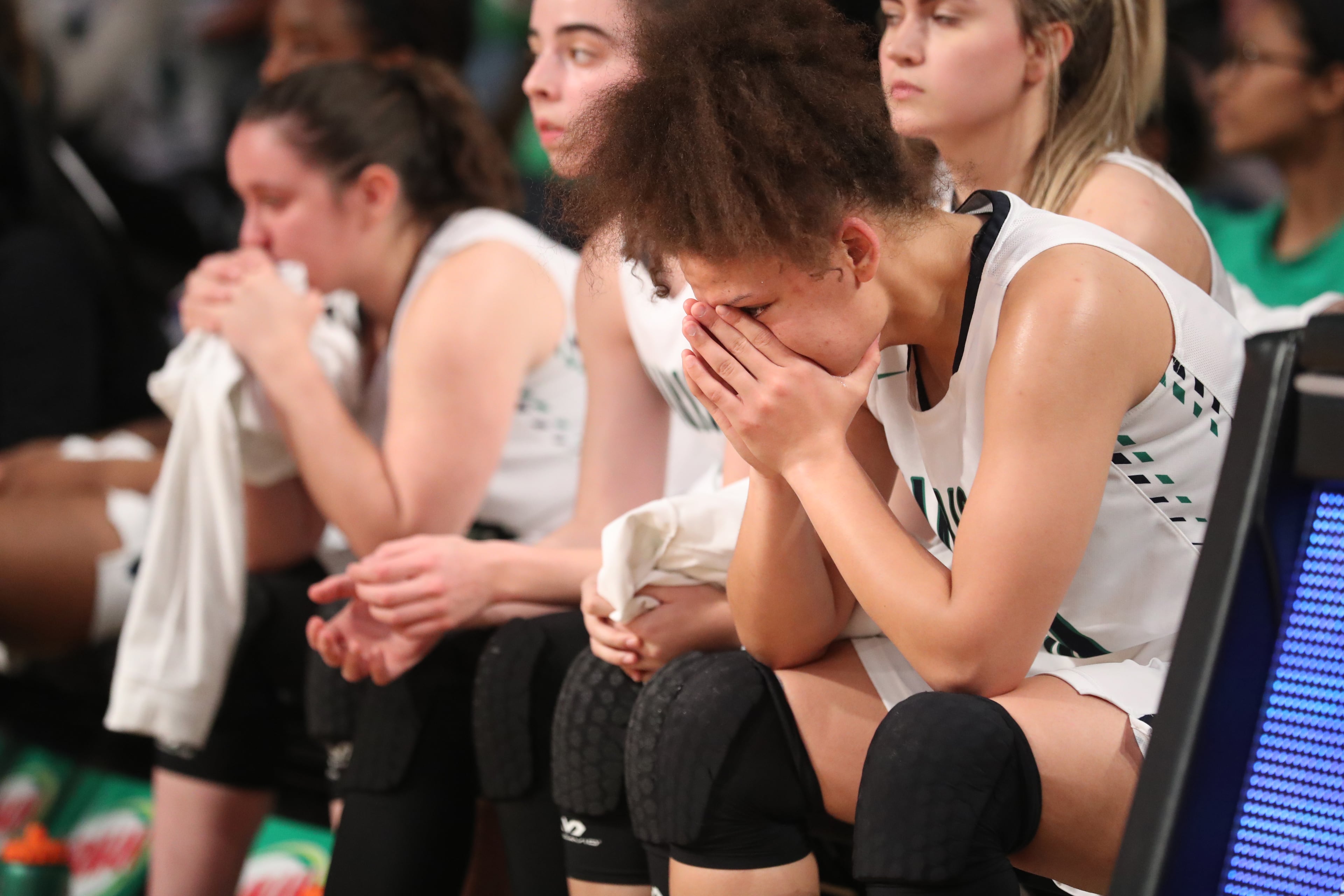 March 9, 2018 - Atlanta, Ga: Harrison guard Eastyn King (10) reacts after their loss to Lovejoy during the GHSA Class AAAAAA Girls State Championship at McCamish Pavilion Friday, March 9, 2018, in Atlanta. Lovejoy won 57-41. PHOTO / JASON GETZ