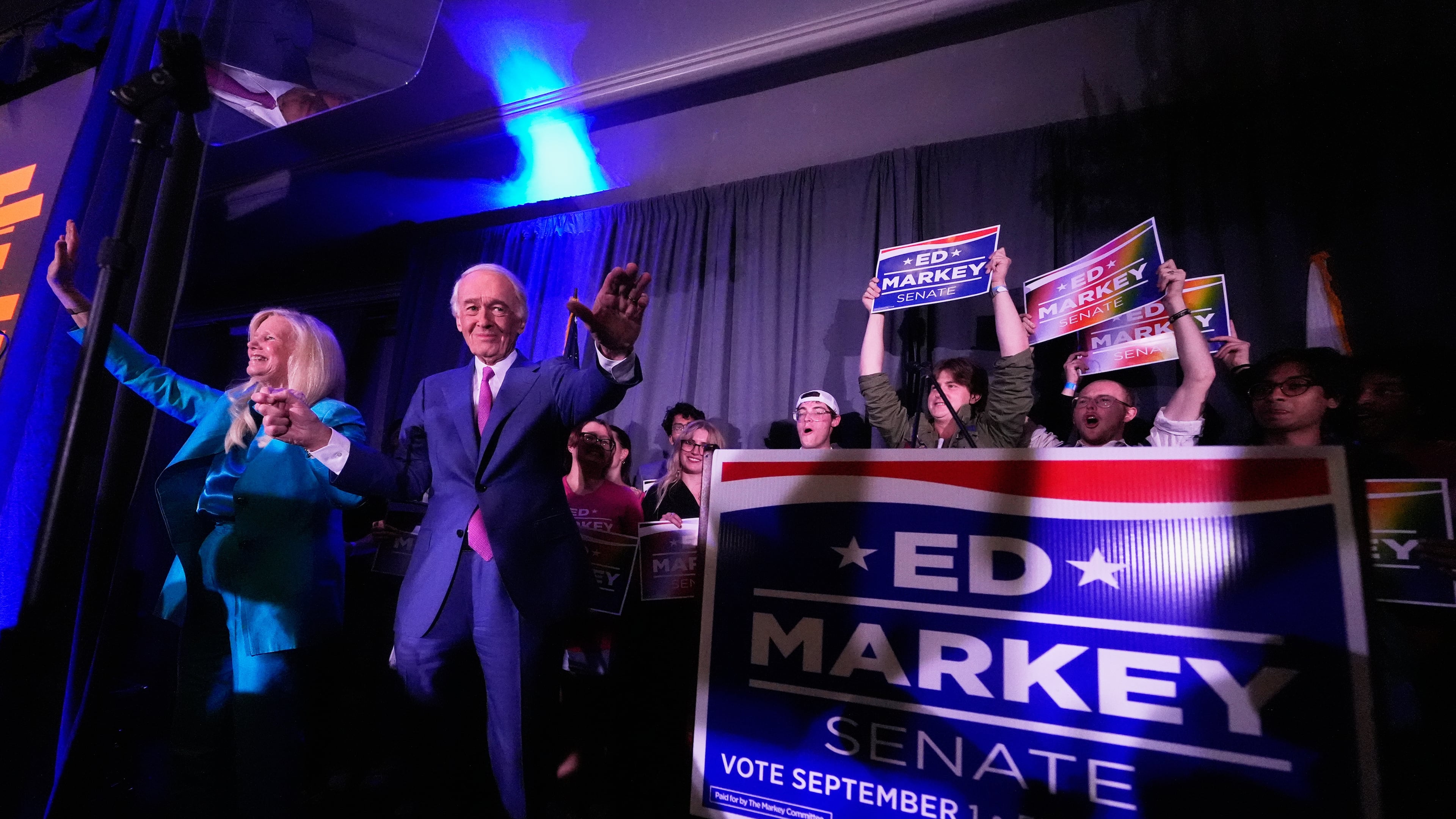 U.S. Sen. Edward Markey, D-Mass., along with his wife, Susan Blumenthal gestures after winning the Democratic nomination during a primary election night event Tuesday, Sept. 1, 2026, in Boston. (AP Photo/Charles Krupa)