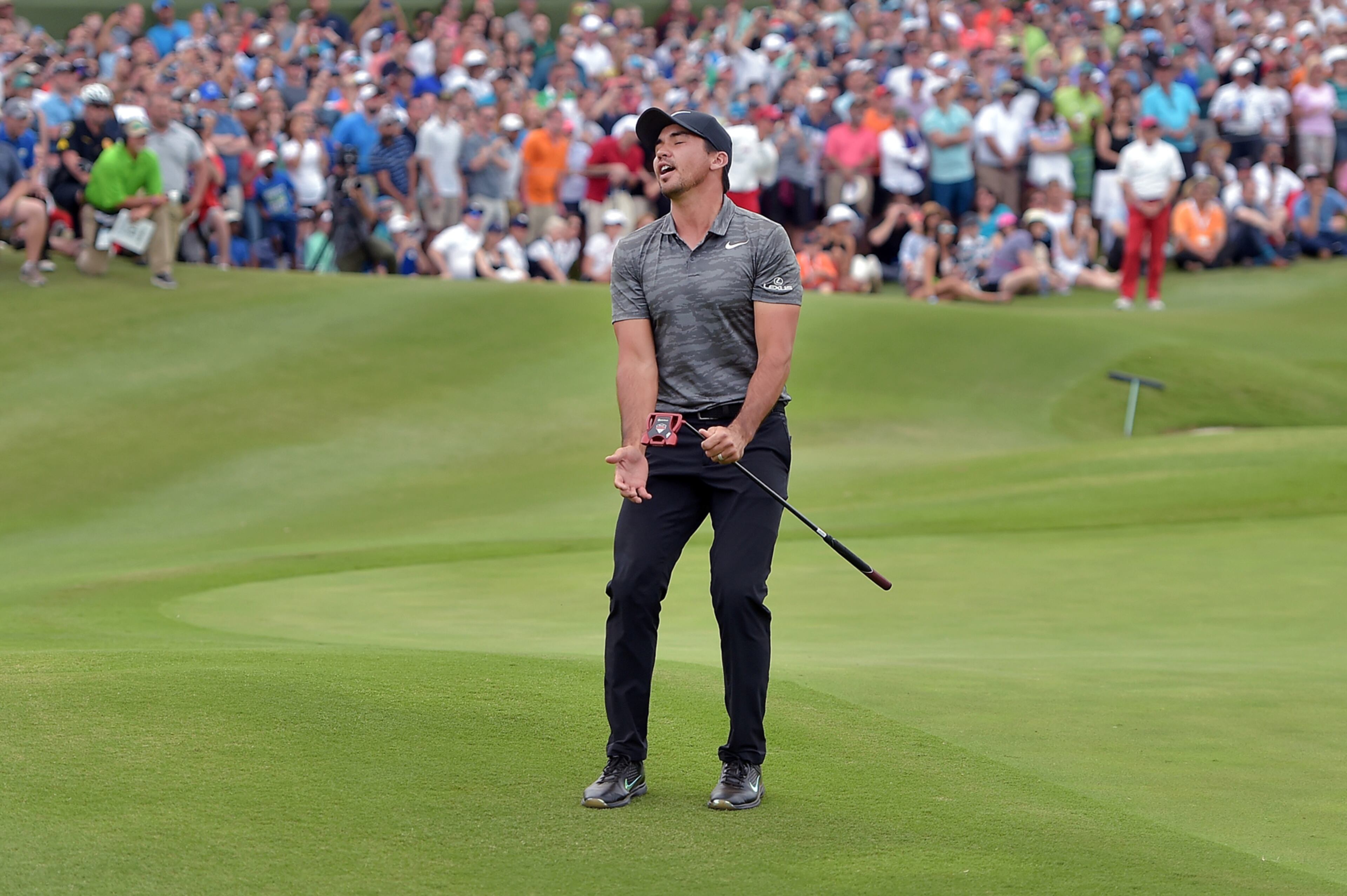 IRVING, TX - MAY 21: Jason Day of Australia reacts to a missed putt in a playoff against Billy Horschel on the 18th hole during the Final Round of the AT&T Byron Nelson at the TPC Four Seasons Resort Las Colinas on May 21, 2017 in Irving, Texas. (Photo by Drew Hallowell/Getty Images)