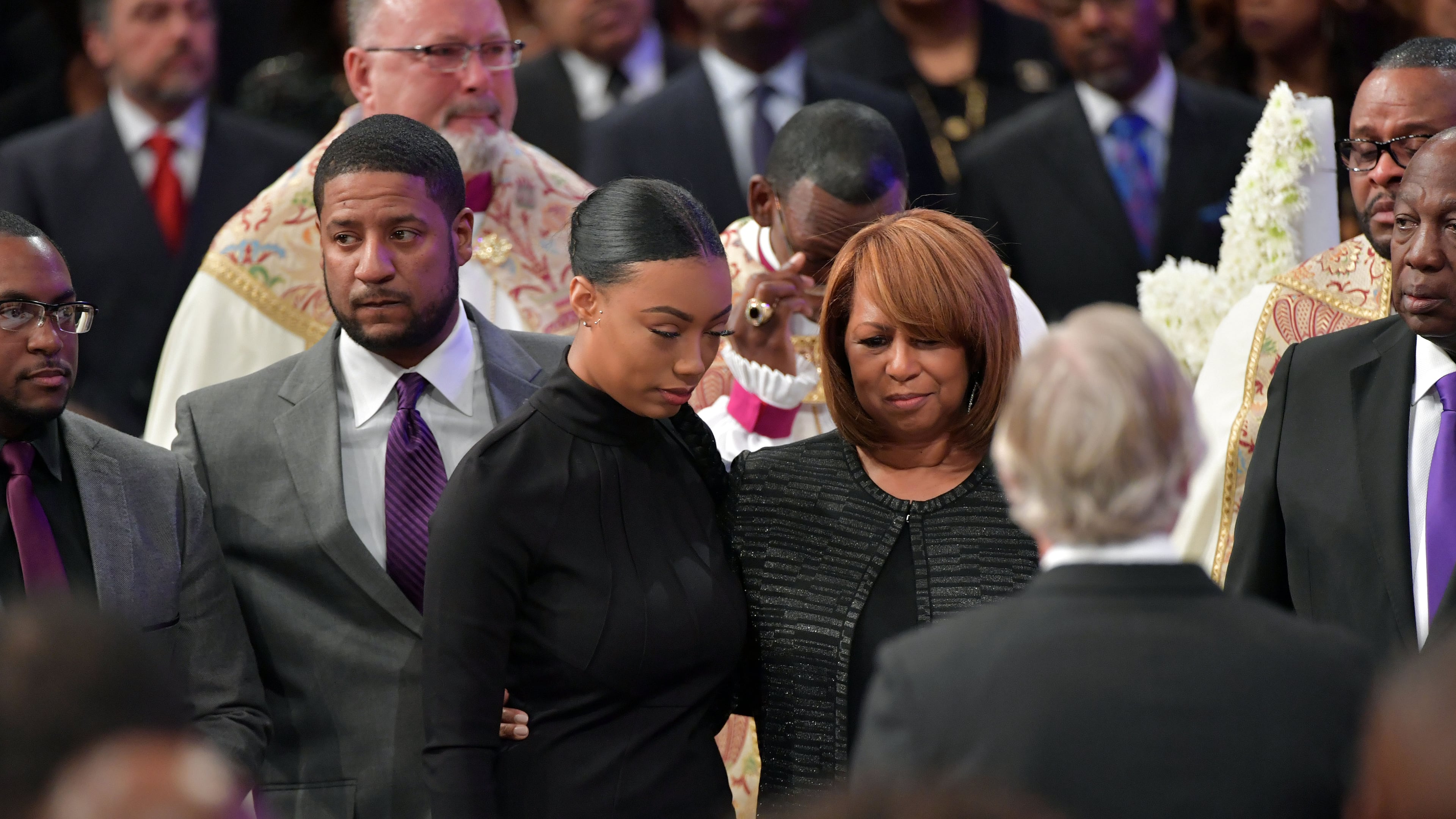 JANUARY 25, 2017 LITHONIA Family members including wife, Vanessa (right), sons Jared and Eric and daughter Taylor, are shown during the Home-going services for Bishop Eddie Long, senior pastor, at New Birth Missionary Baptist Church, Wednesday, January 25, 2017. Bishop Long died January 15th, after a long-time fight with cancer. He was 63 years old. Hyosub Shin/AJC