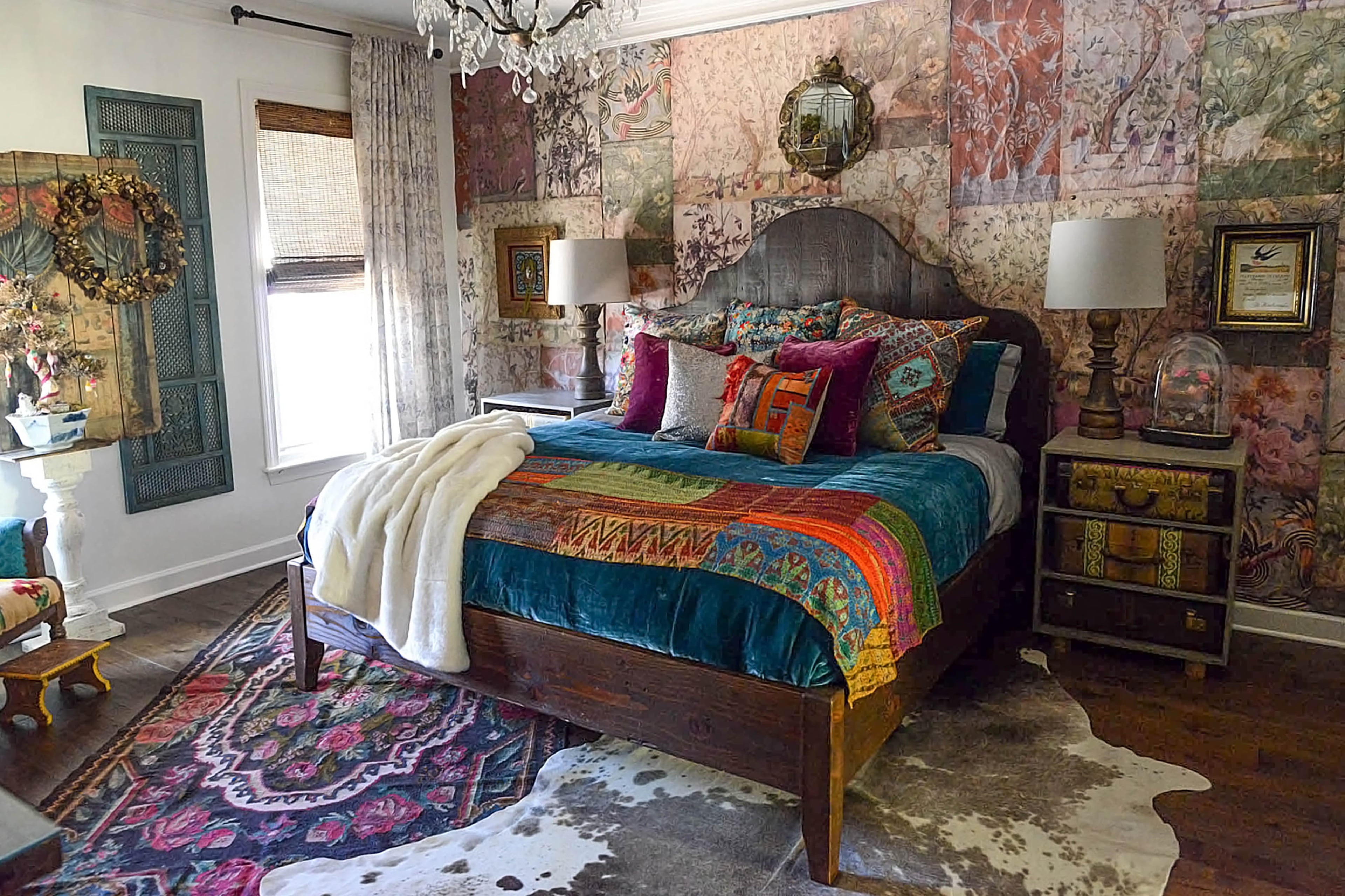 The home's global boho vibe continues in the master bedroom. "We have also traveled the world and seek out and love hunting through markets, whether in Prague or Thailand," Kim Doherty said.