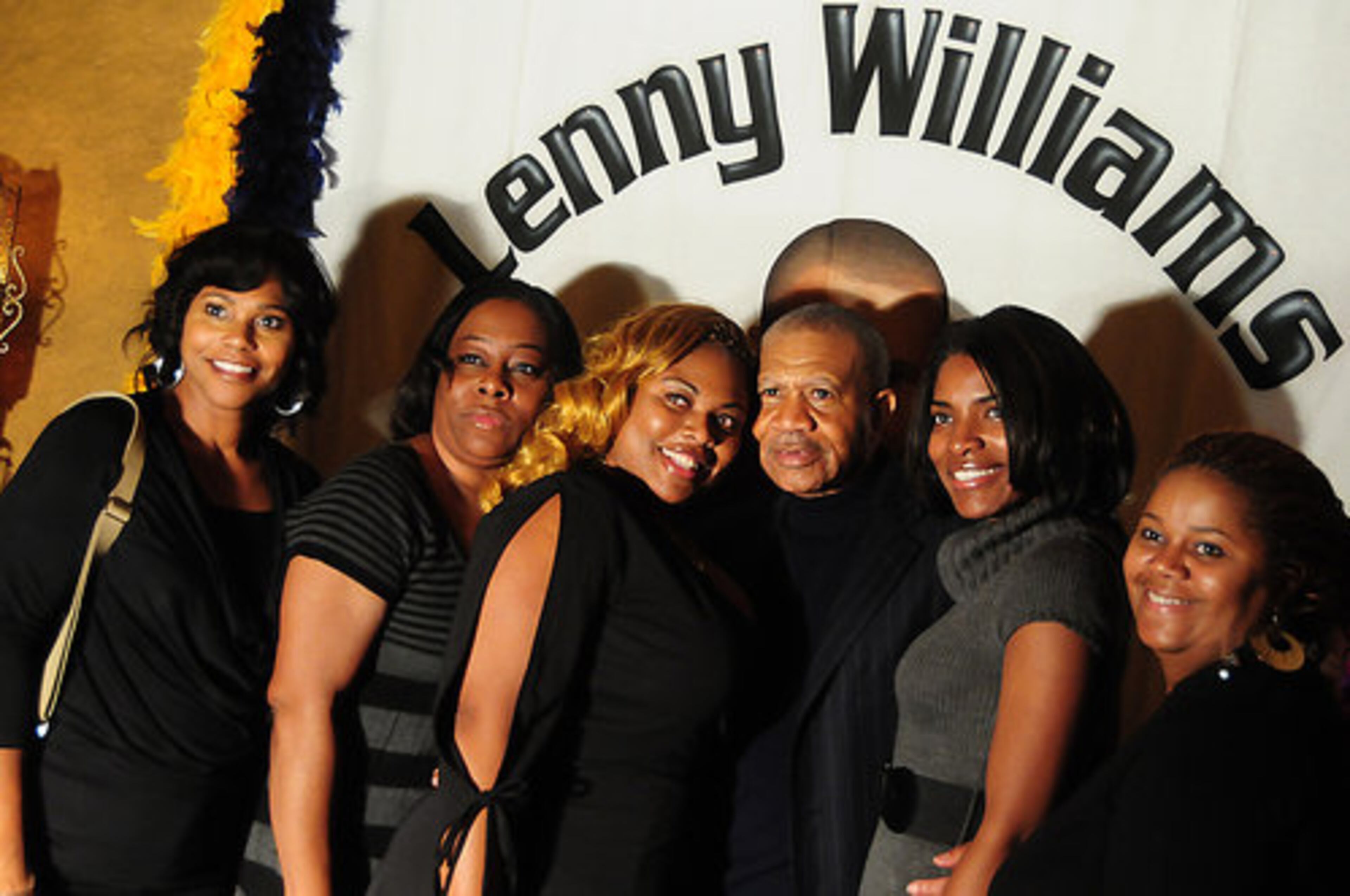 Lenny White poses with fans (r to l) Roxanne Wells, Nyree Mcqueen-Ladson, birthday girl Glennice Brumfield, Susan Bass and Leigh Fitten.