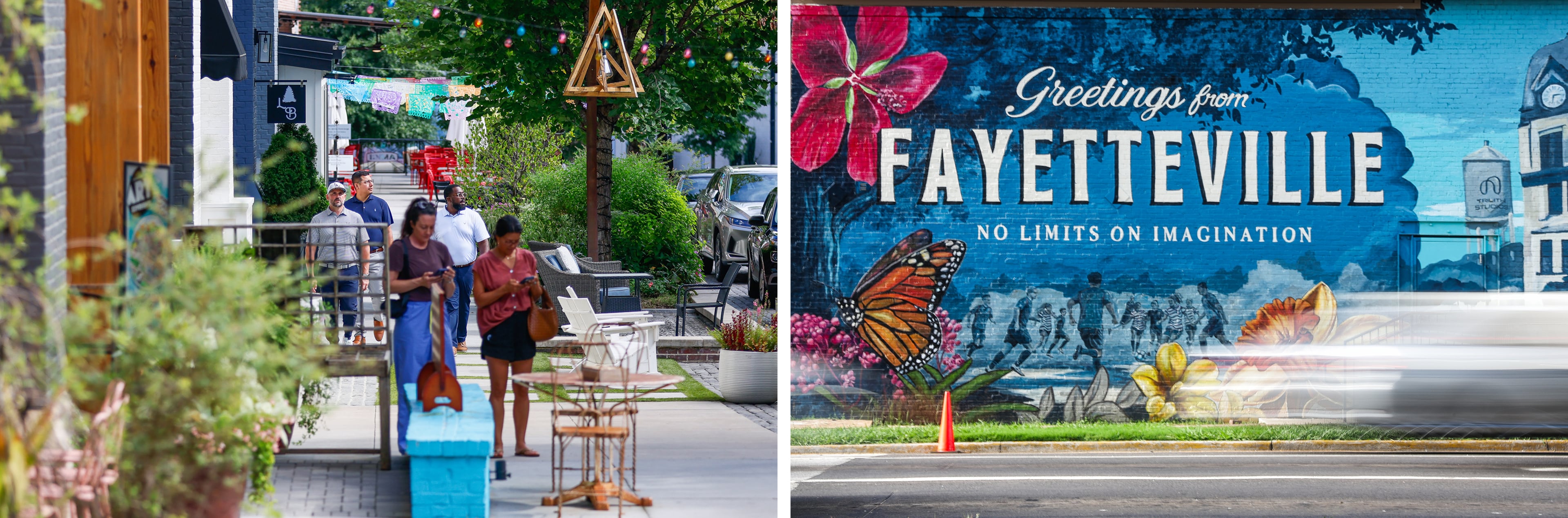 From left, people stroll through Trilith; cars drive by a mural in Fayetteville. (Abbey Cutrer/AJC)