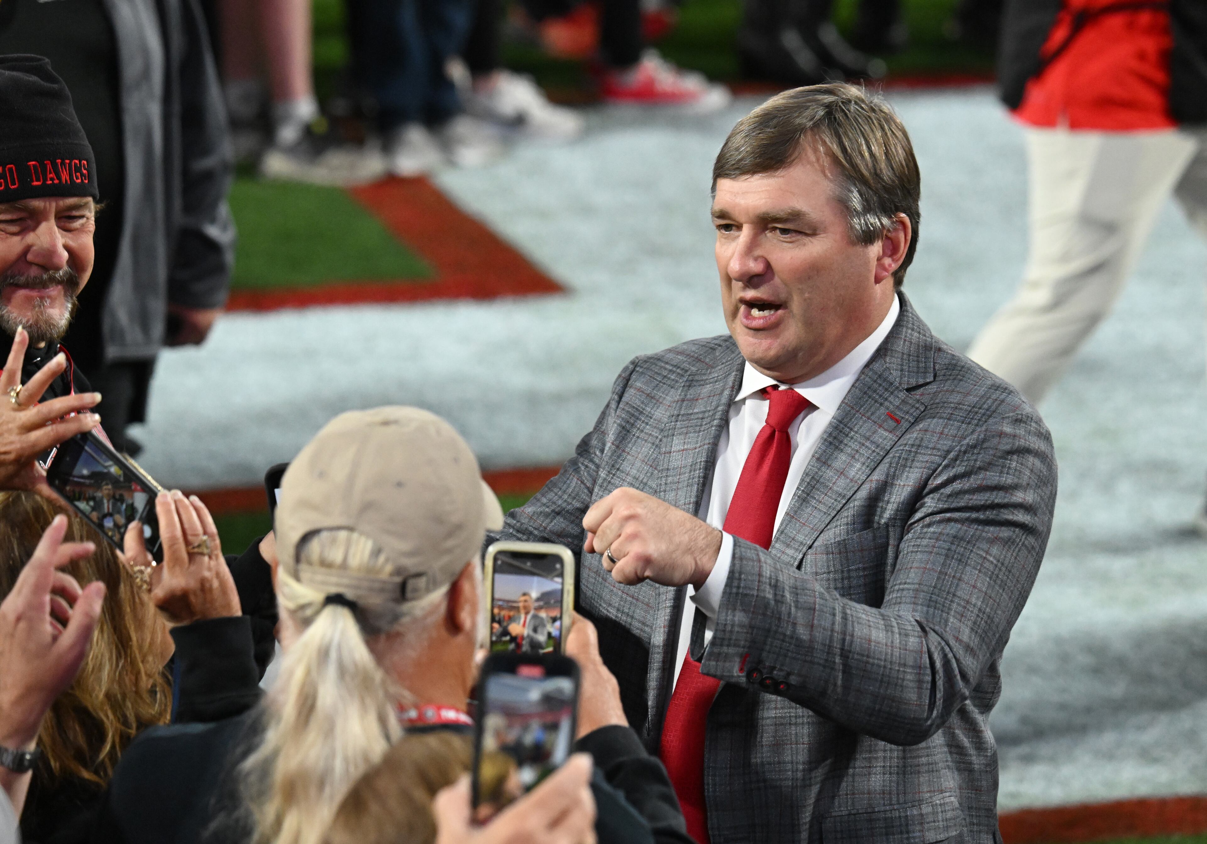 Georgia head coach Kirby Smart greets fans during Dawgs Walk before an NCAA football game between Georgia and Tennessee at Sanford Stadium, Saturday, November 16, 2024, in Athens. (Hyosub Shin / AJC)