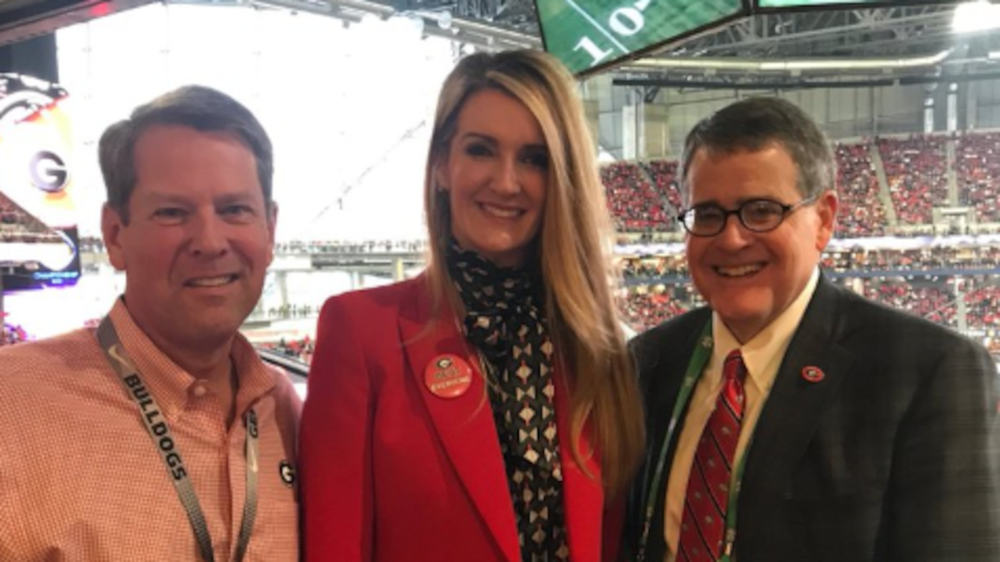 Gov. Brian Kemp, Kelly Loeffler, and UGA President Jere Morehead at Saturday’s LSU-UGA football game/Via University of Georgia