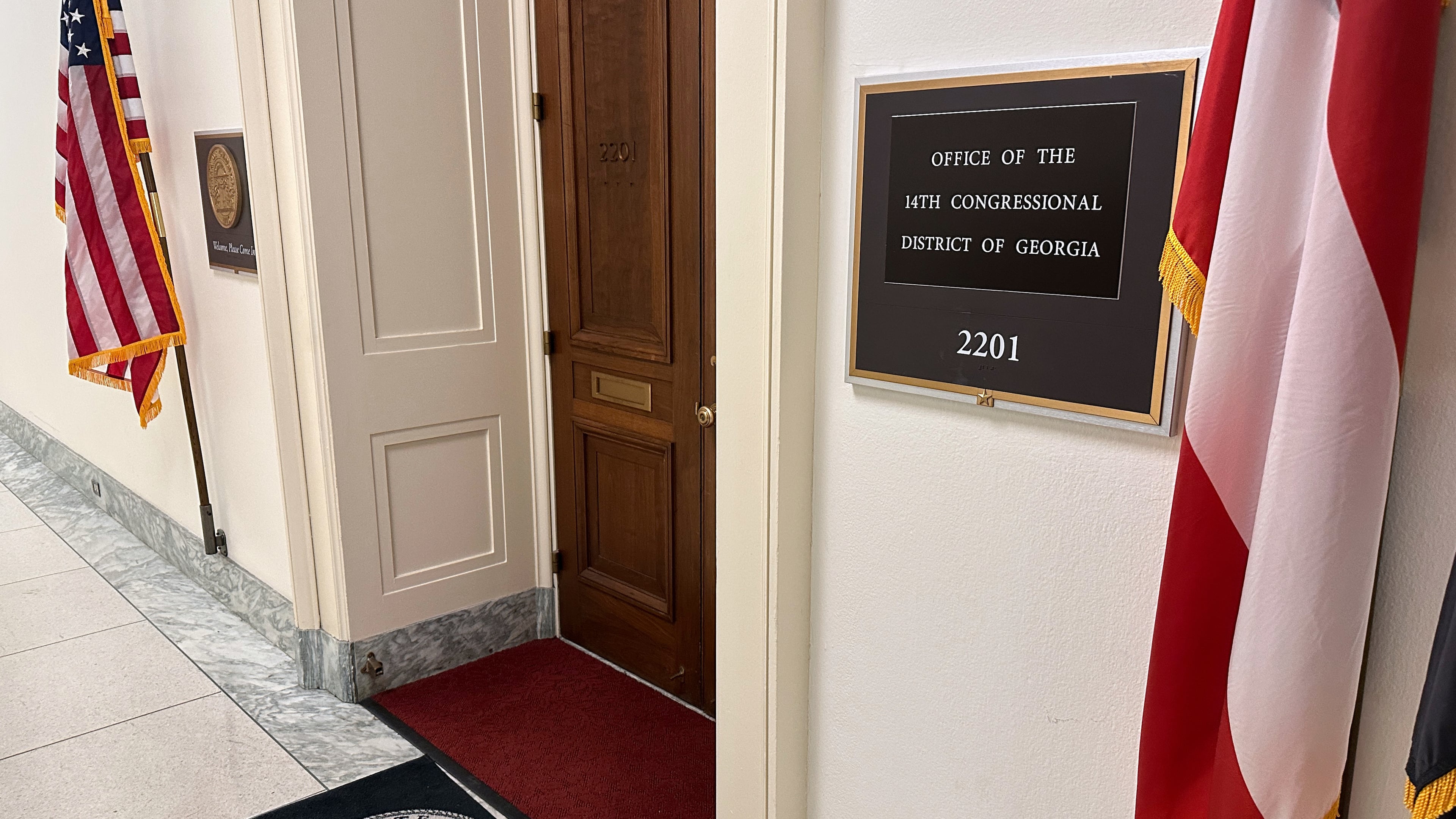American flags are on display outside the Office of the 14th Congressional District of Georgia in the Rayburn House Office Building, Thursday, March 5, 2026, on Capitol Hill in Washington. The office most recently was occupied for former Rep. Marjorie Taylor Greene, R-Ga., who resigned in January. (AP Photo/Robert Yoon)