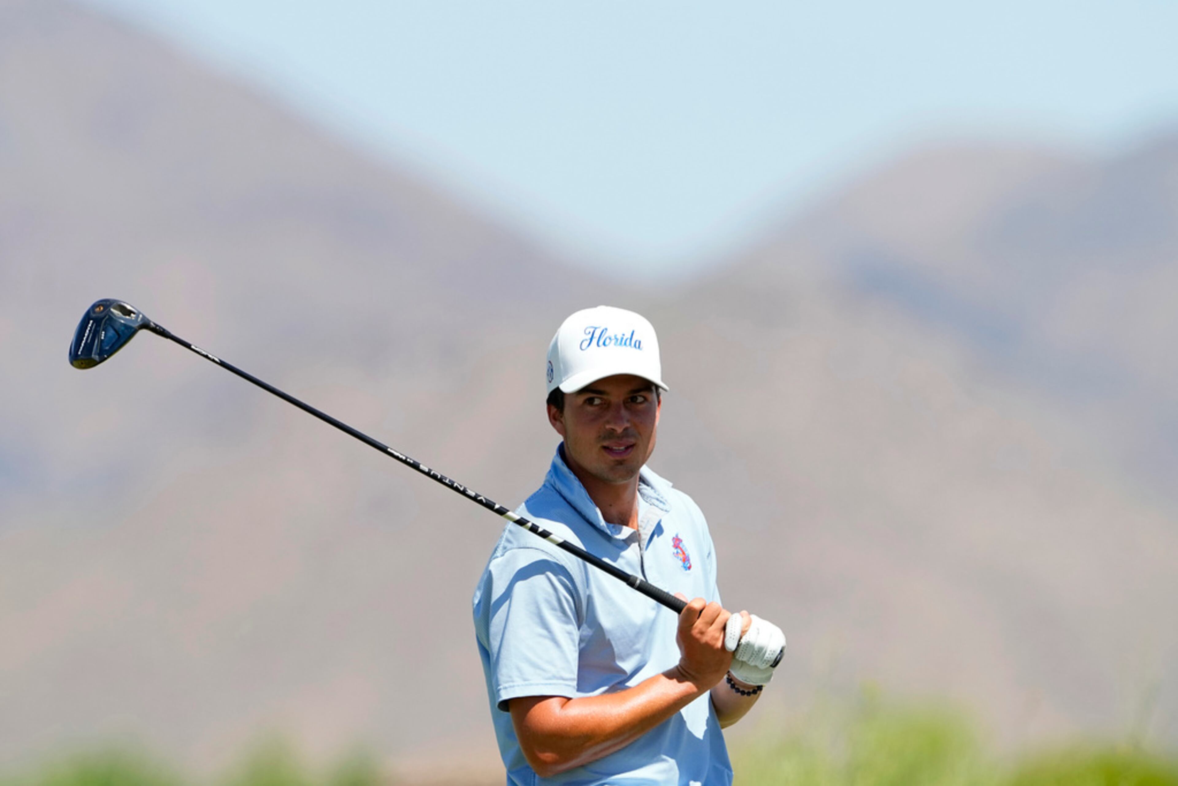 Florida golfer Fred Biondi waits to hit from the third tee during the final round of the NCAA college men's match play golf championship, Wednesday, May 31, 2023, in Scottsdale, Ariz. (AP Photo/Matt York)