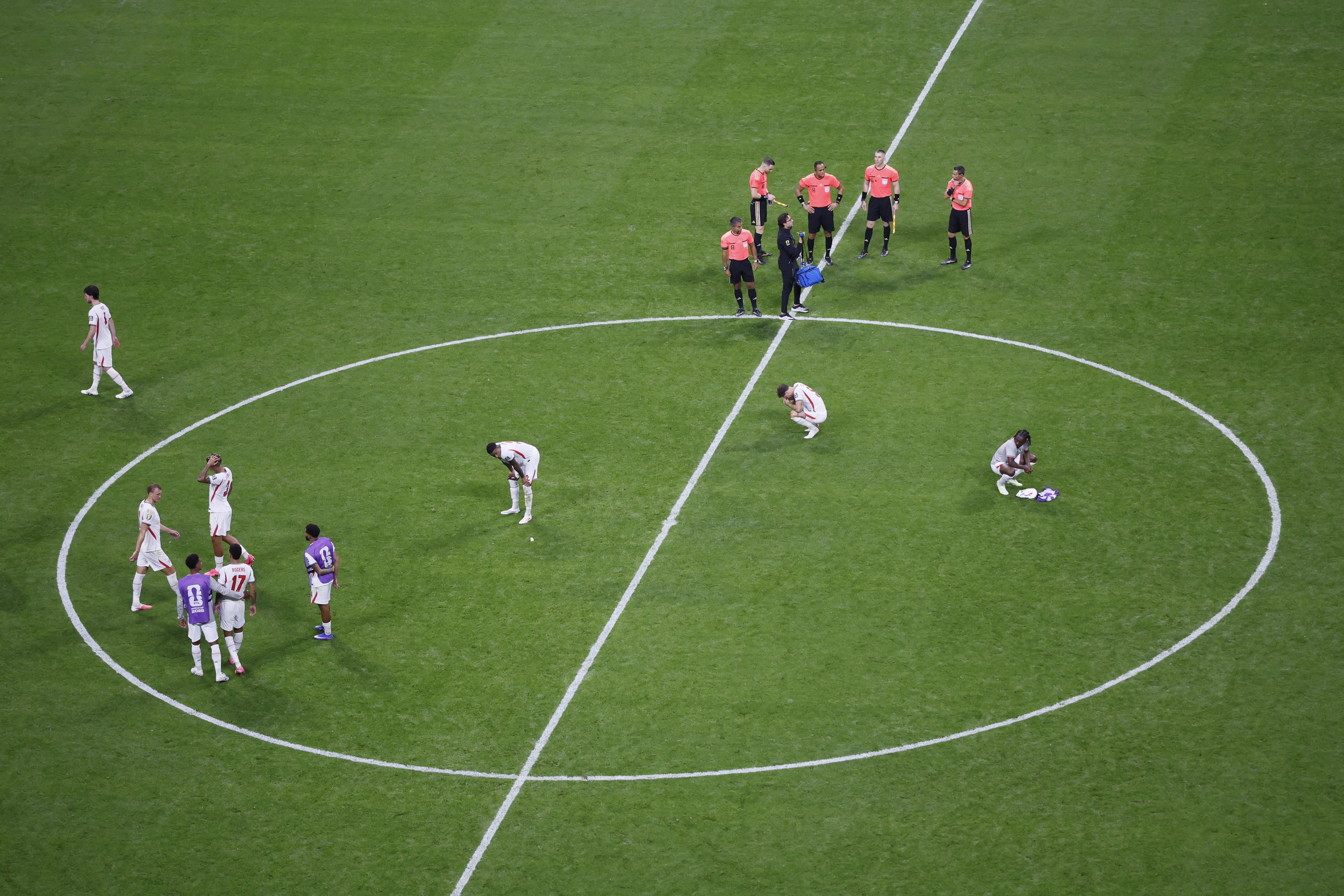 England players on field after losing to Argentina in FIFA World Cup Semifinal match at Atlanta Stadium (Mercedes-Benz Stadium) on Wednesday, July 15, 2026. (Miguel Martinez/AJC)