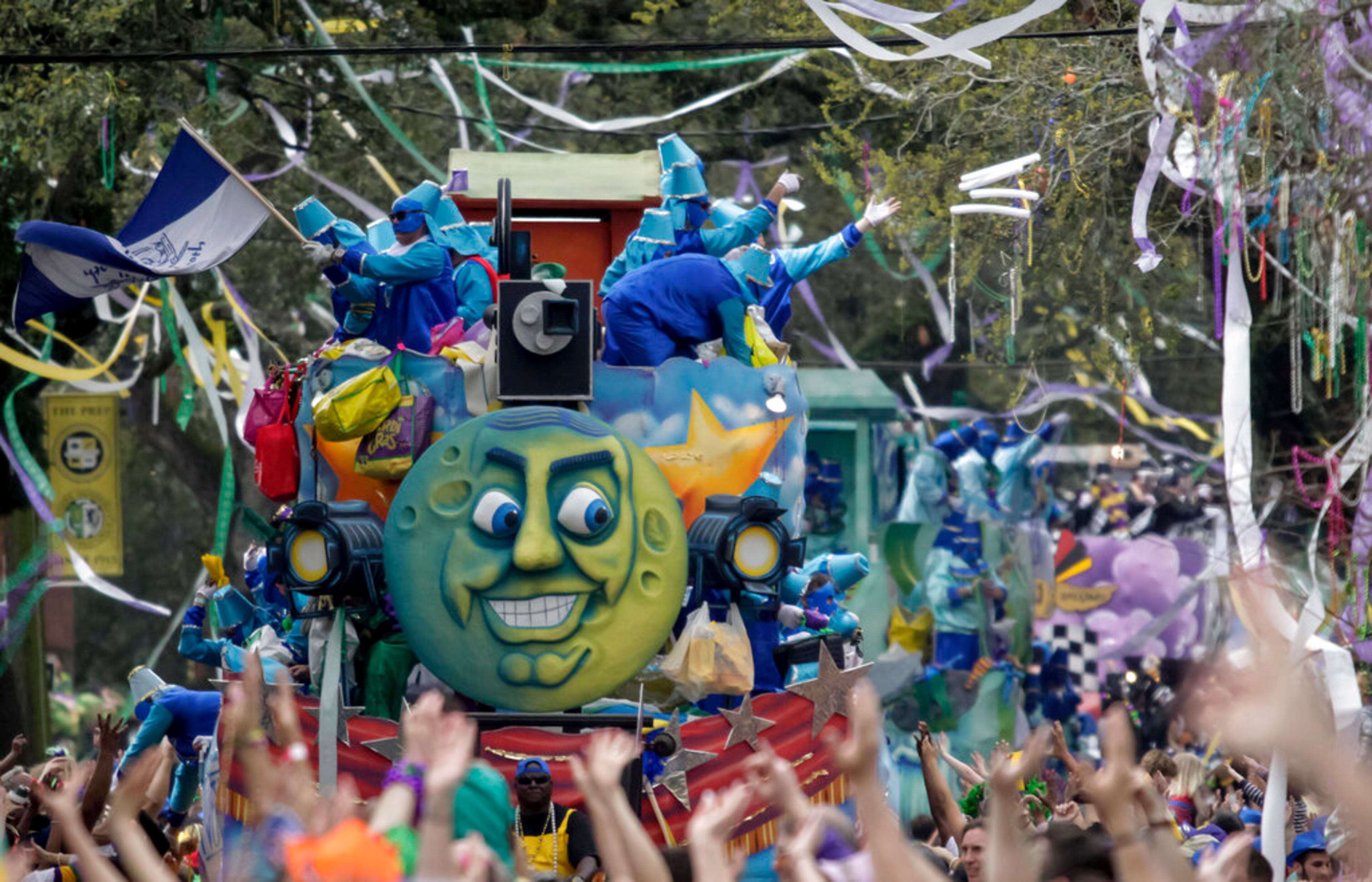 The Krewe of Thoth rolls on the Uptown route in New Orleans Sunday, March 3, 2019, to the theme, Thoth Salutes the Greats. Douglas Rushing reigned as king and Madison Komnecker as queen over 1,800 male riders on 39 floats. Founded in 1947, the Krewe of Thoth is named for the Egyptian Patron of Wisdom and Inventor of Science, Art and Letters. (Scott Threlkeld/The Advocate via AP)