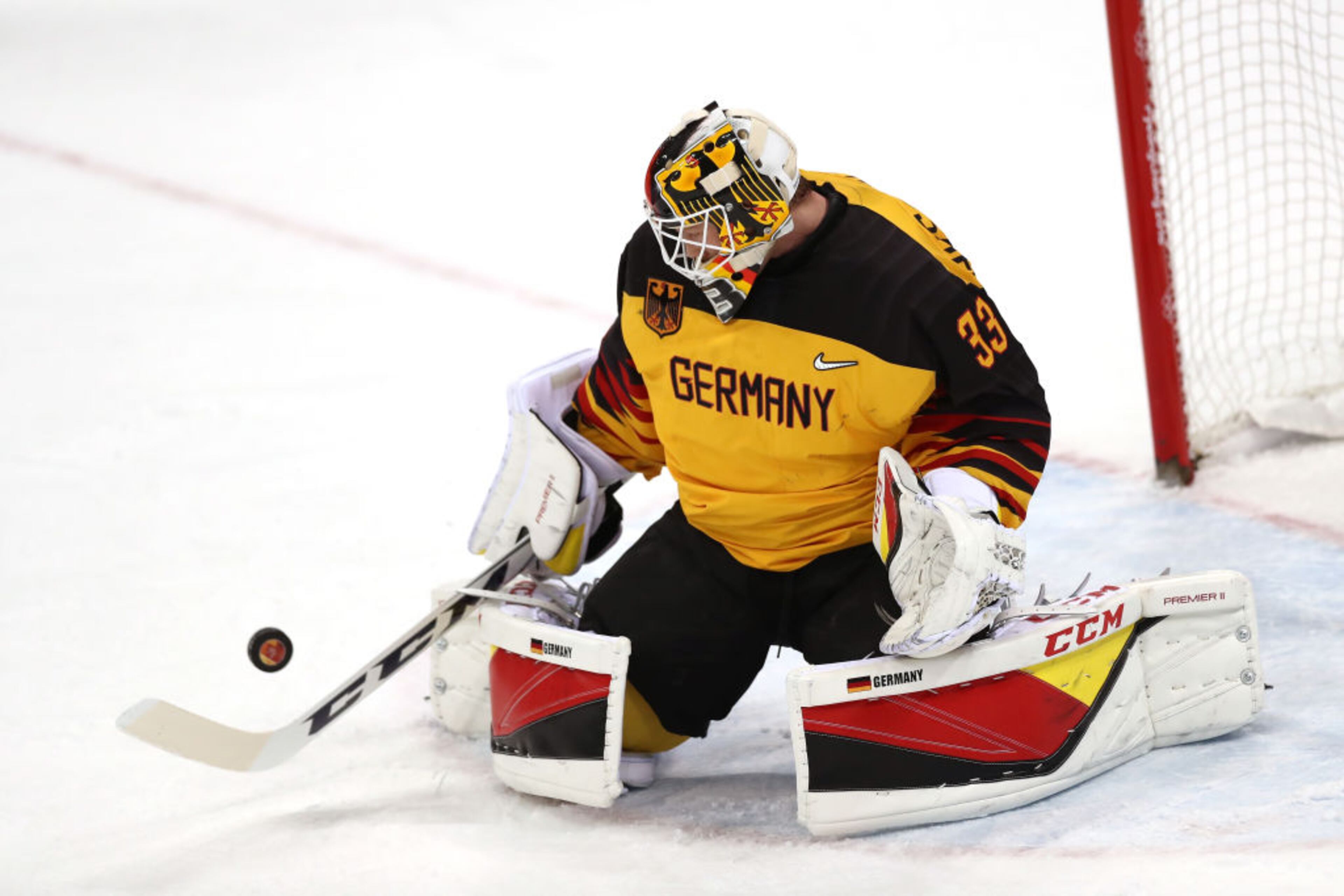 GANGNEUNG, SOUTH KOREA - FEBRUARY 25: Danny Aus Den Birken #33 of Germany attempts a save against Olympic Athletes from Russia in the first period during the Men's Gold Medal Game on day sixteen of the PyeongChang 2018 Winter Olympic Games at Gangneung Hockey Centre on February 25, 2018 in Gangneung, South Korea. (Photo by Ronald Martinez/Getty Images)