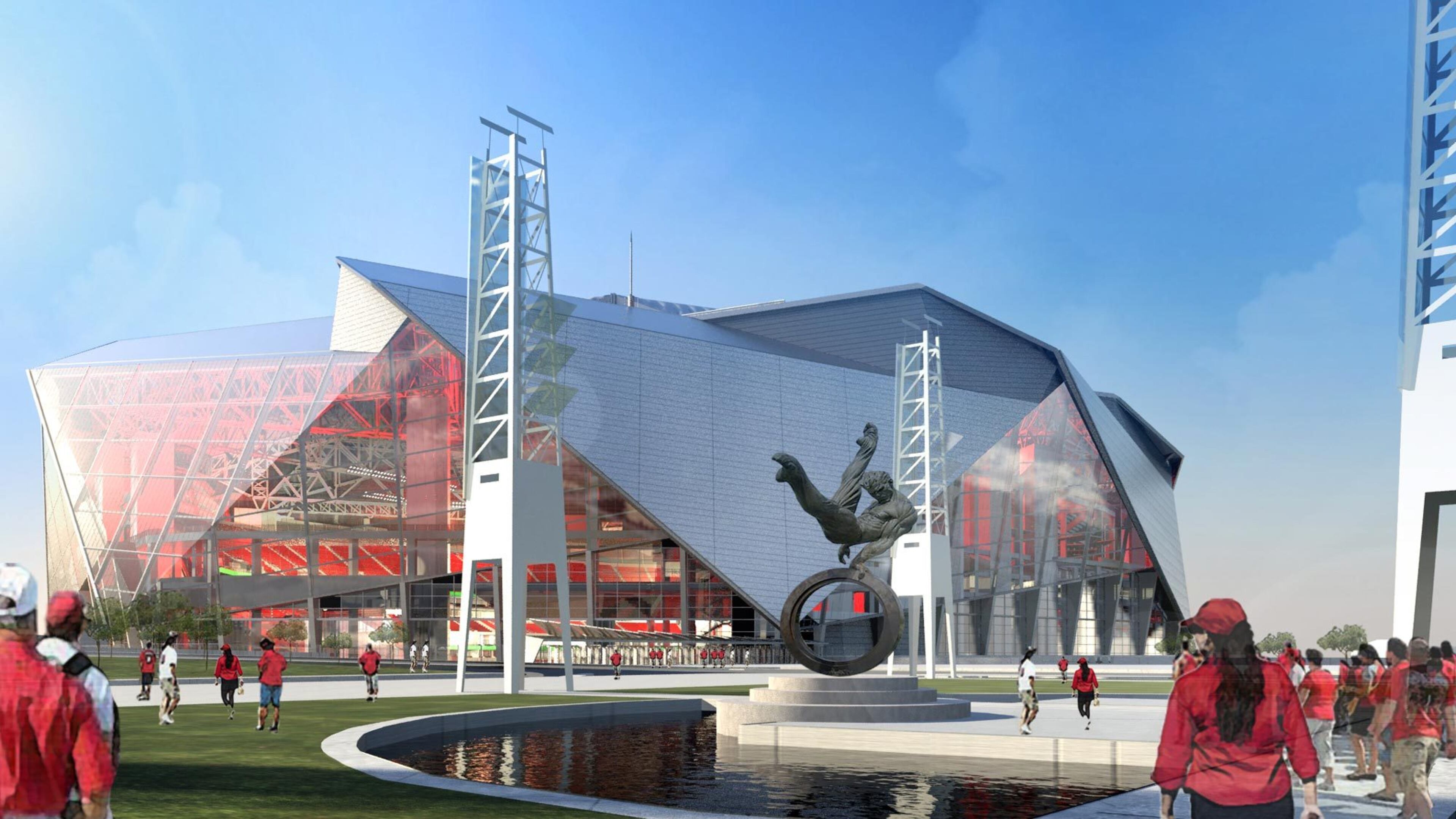 A rendering of the new facility from the northeast, site of the “Falcons Landing” are located across from the Georgia Dome.