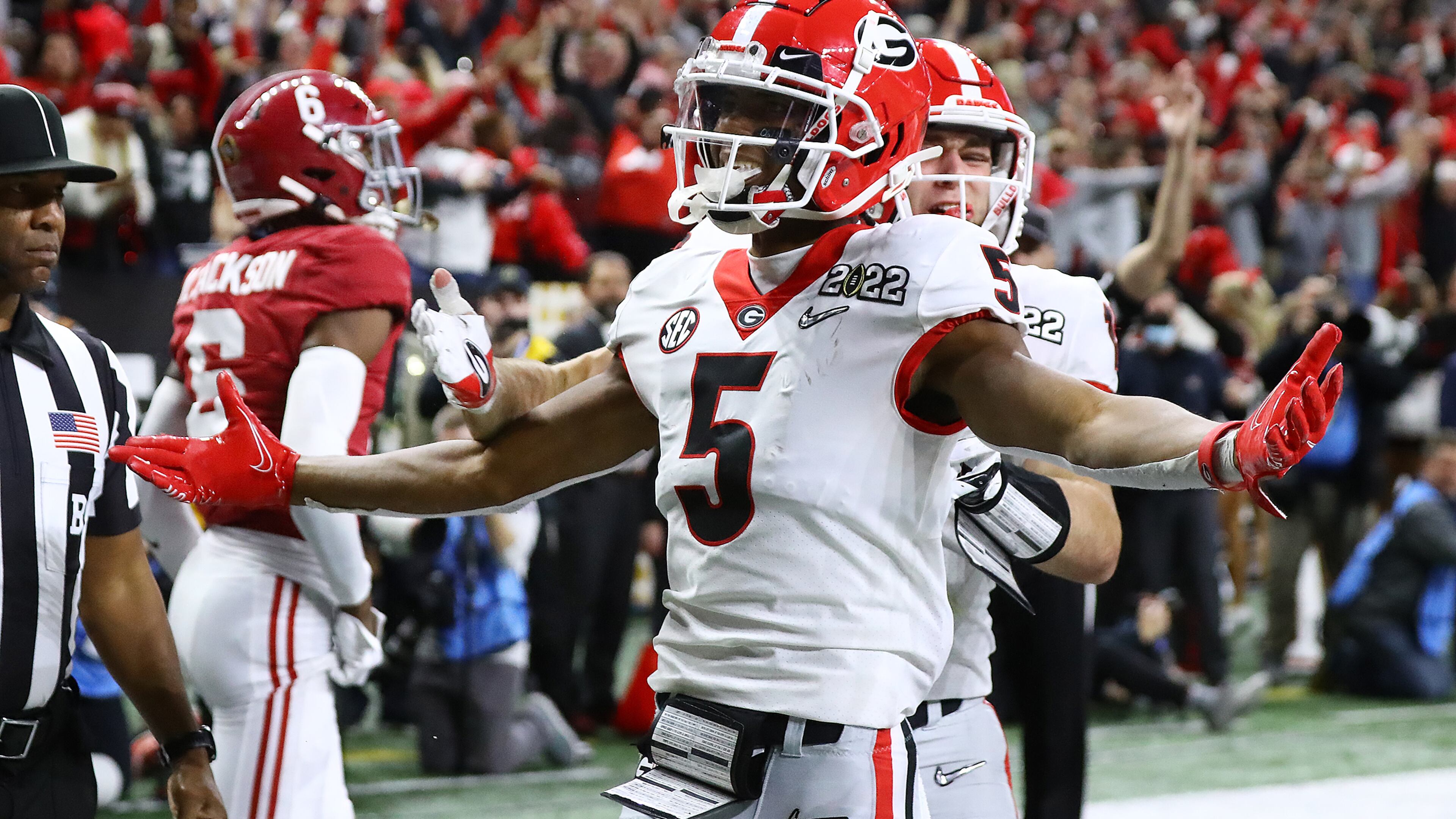 Georgia defensive back Kelee Ringo celebrates his pick six in the College Football Playoff Championship game on Jan. 10 in Indianapolis. (Curtis Compton / Curtis.Compton@ajc.com)