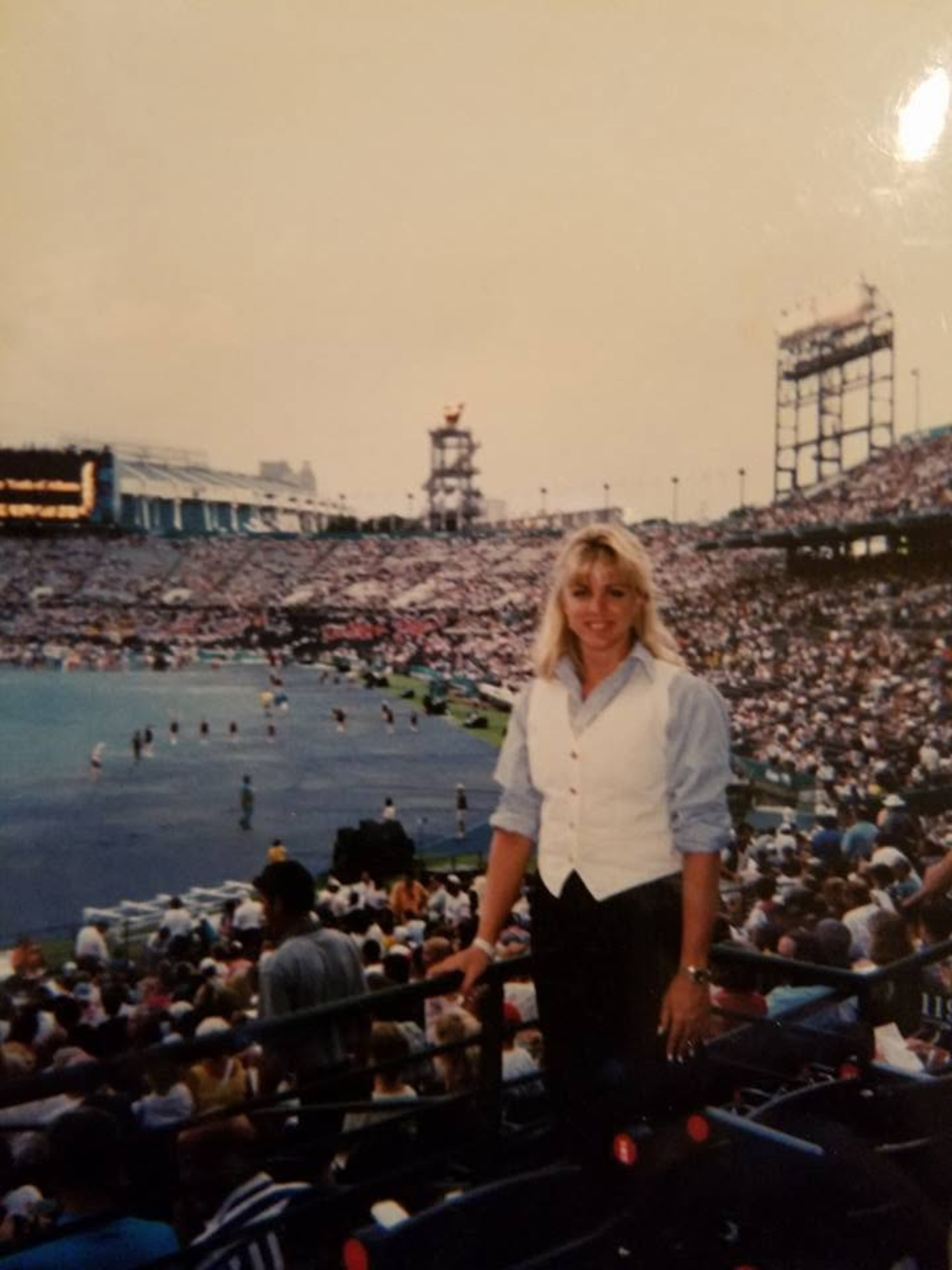 Reporter Andrea Clement worked as an audience stunt coordinator during the closing ceremonies for the 1996 Olympics. (Courtesy of Andrea Clement)