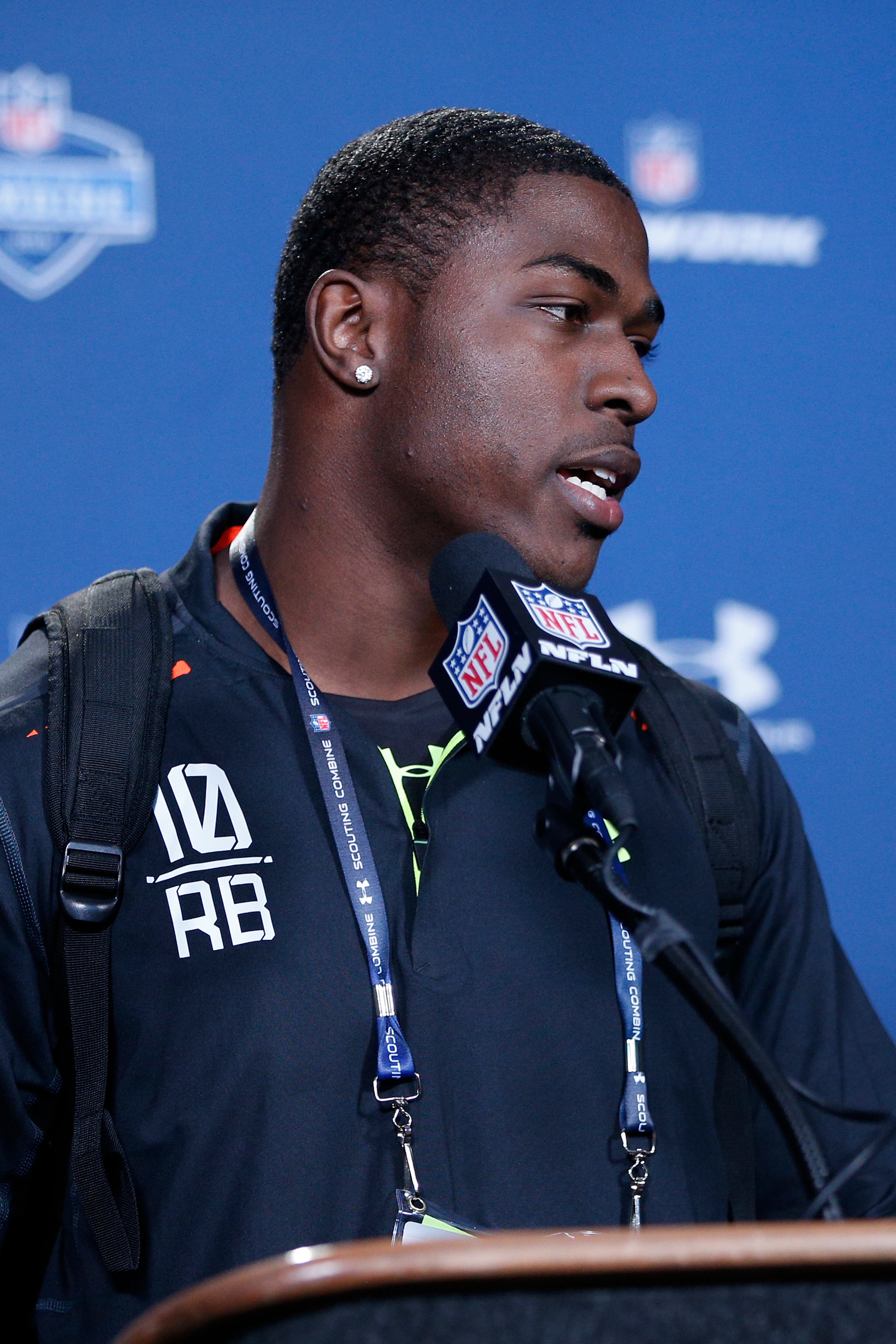 INDIANAPOLIS, IN - FEBRUARY 19: Running back Tevin Coleman of Indiana speaks to the media during the 2015 NFL Scouting Combine at Lucas Oil Stadium on February 19, 2015 in Indianapolis, Indiana. (Photo by Joe Robbins/Getty Images)