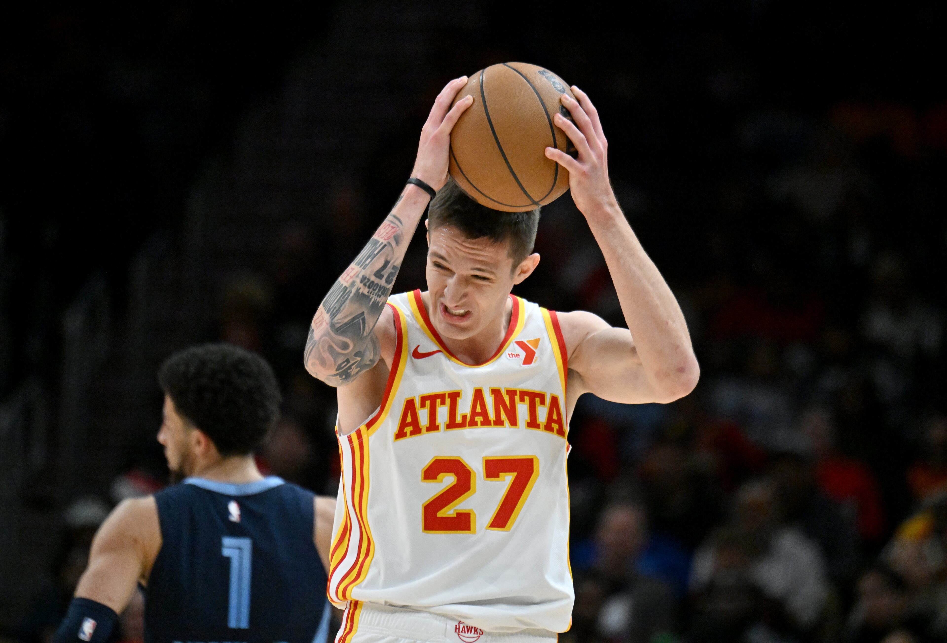 Atlanta Hawks guard Vit Krejci (27) reacts to being called during the second half in an NBA basketball game at State Farm Arena, Saturday, December 21, 2024, in Atlanta. Memphis Grizzlies won 128-112 over Atlanta Hawks. (Hyosub Shin / AJC)