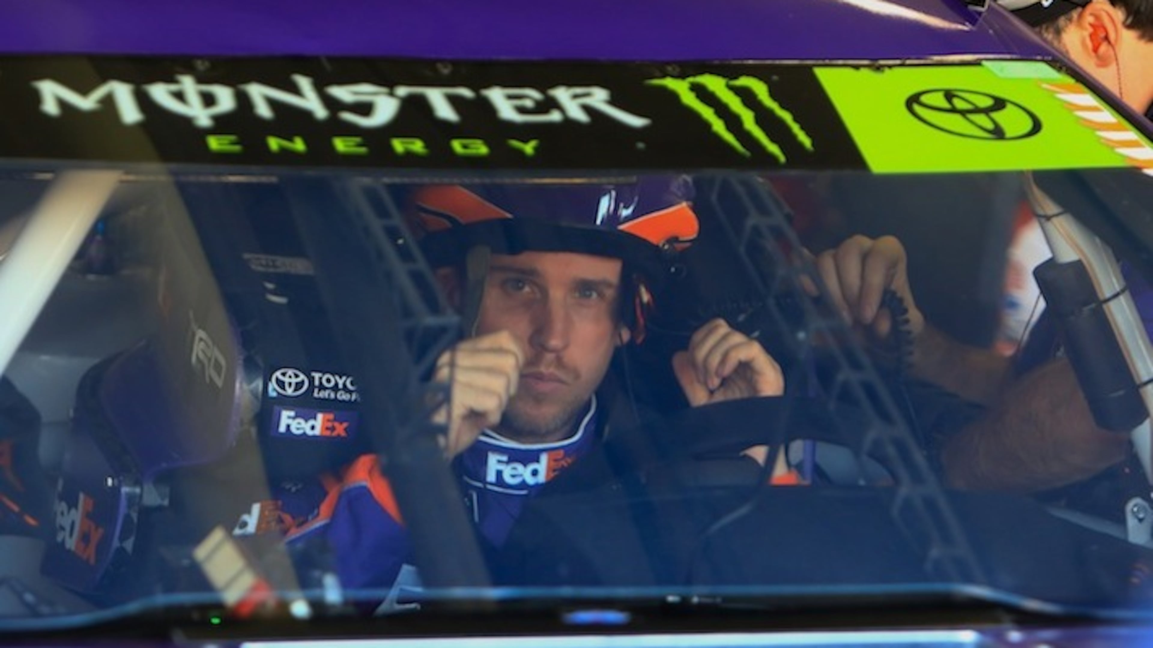 NASCAR Monster Energy Series driver Denny Hamlin puts his helmet on before practice ahead of Sunday's AAA Texas 500 on Saturday, Nov. 4 at Texas Motor Speedway in Fort Worth, Texas. (Josh Stephen/Fort Worth Star-Telegram/TNS)