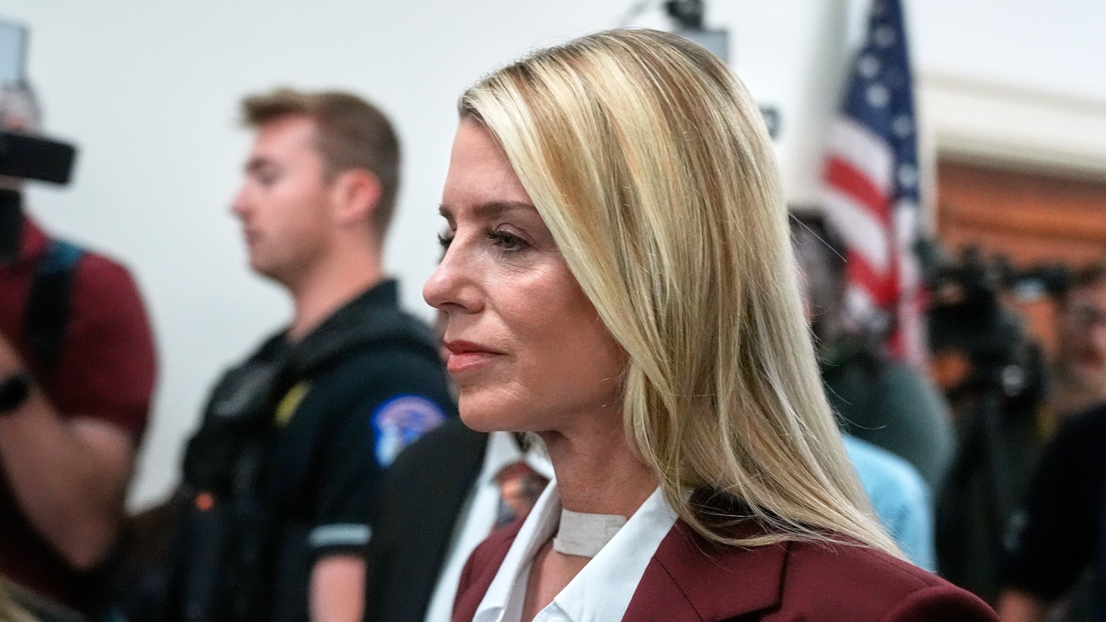 Former Attorney General Pam Bondi arrives for her deposition at the Rayburn House Office Building on Capitol Hill, Friday, May 29, 2026, in Washington. (AP Photo/Manuel Ceneta)