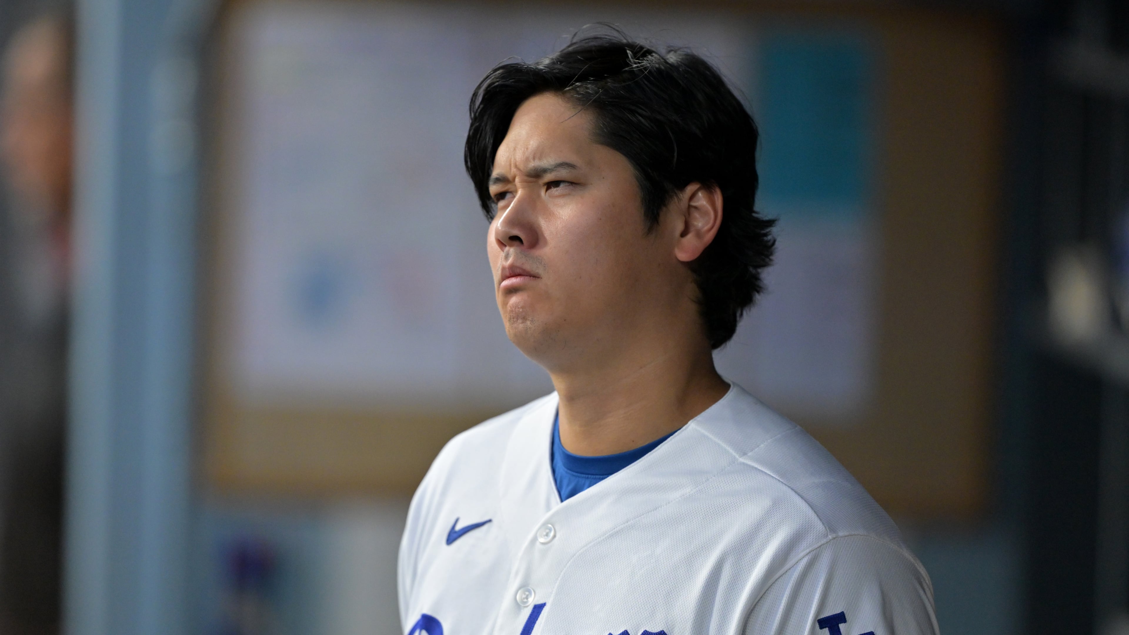 Los Angeles Dodgers' Shohei Ohtani looks on from the dugout during the first inning of a baseball game against the St. Louis Cardinals, Tuesday, Sept. 1, 2026, in Los Angeles. (AP Photo/Jayne Kamin-Oncea)